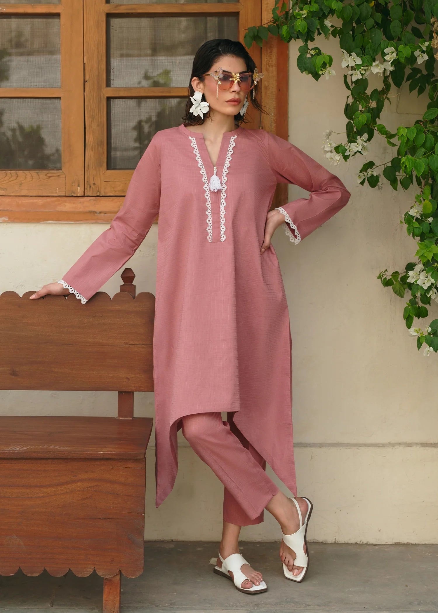 textured lawn Short Frock in Tea rose pink