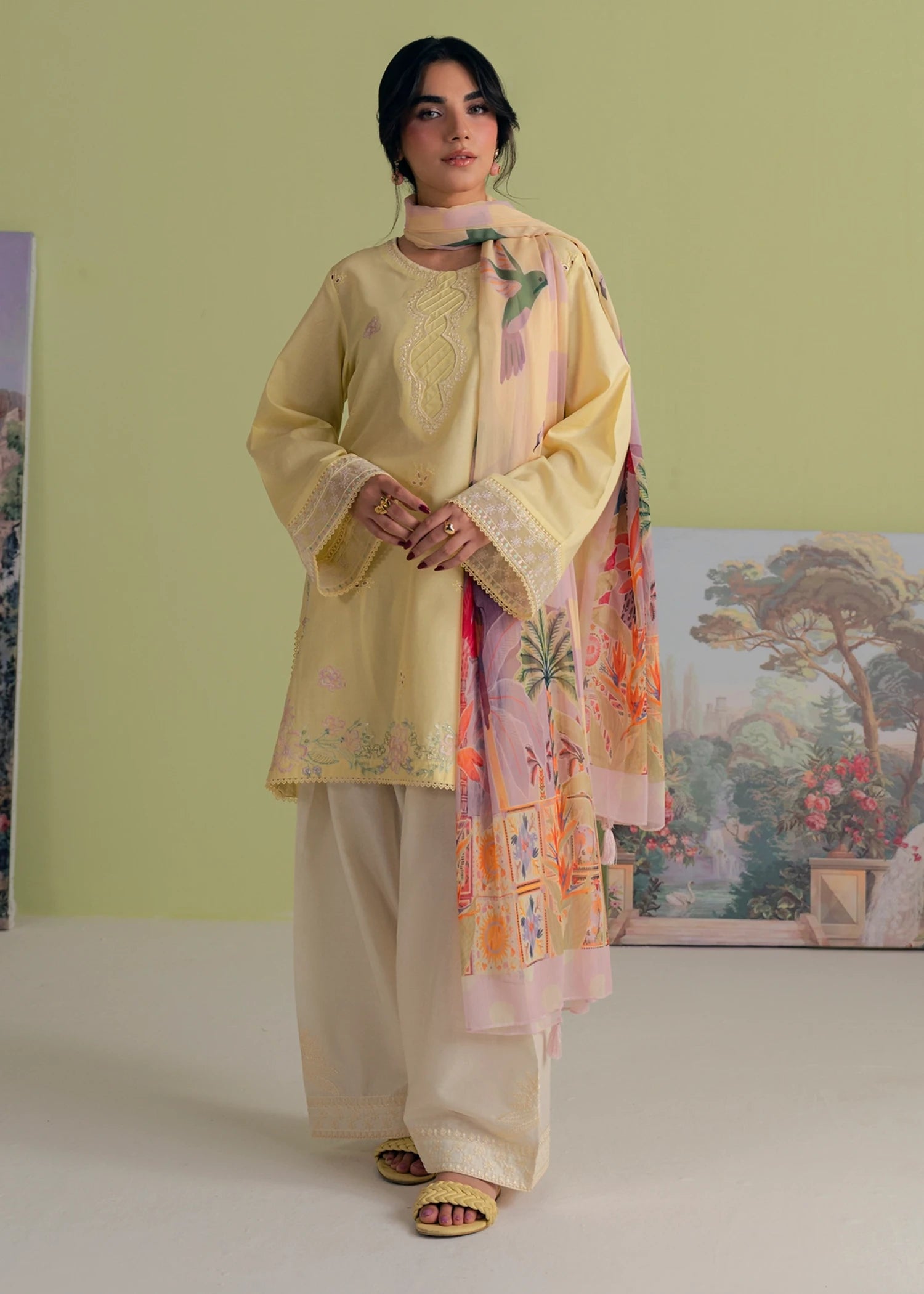 lawn cotton Kurta Set in Yellow