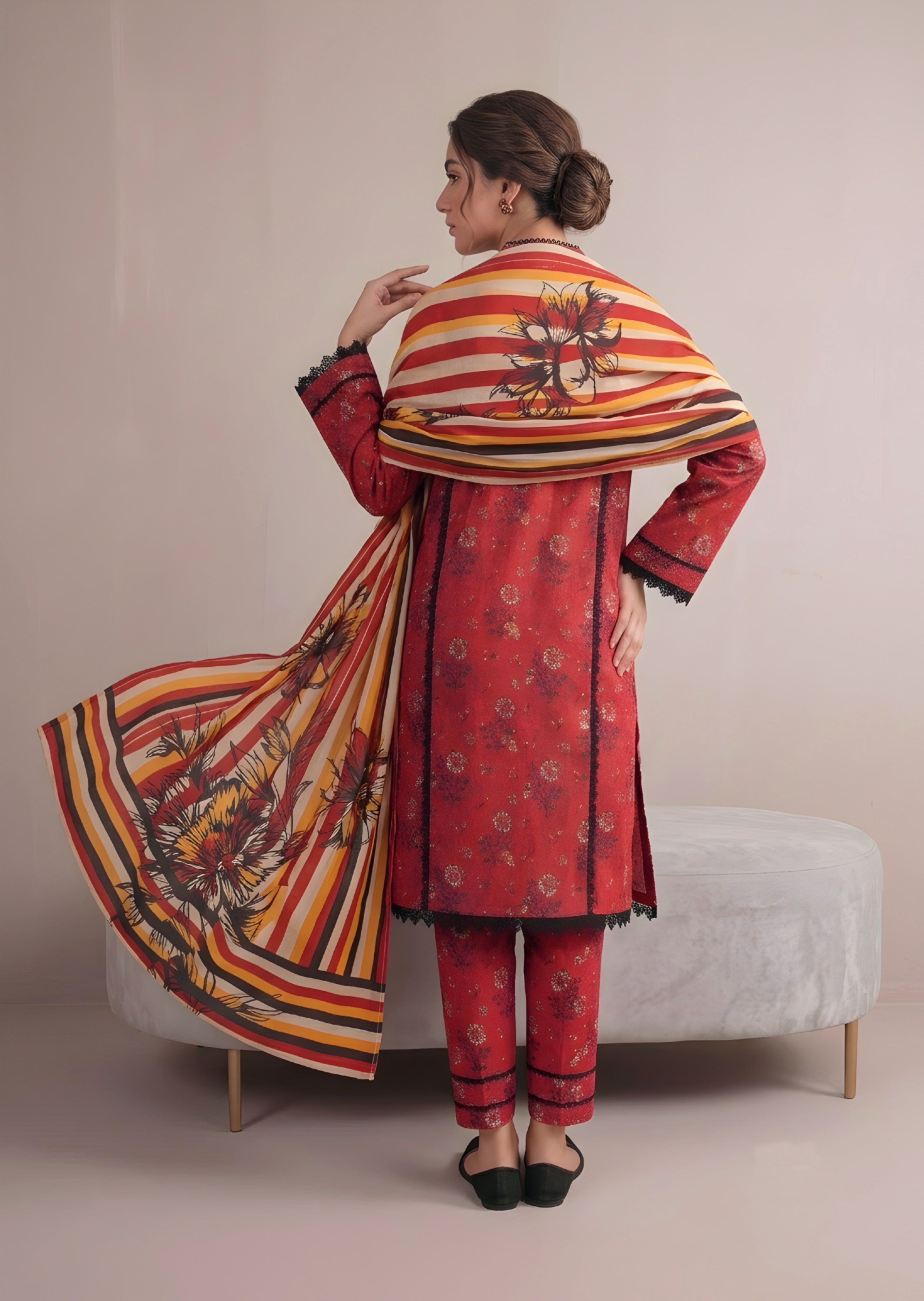khaddar Kurta Set in Persian red
