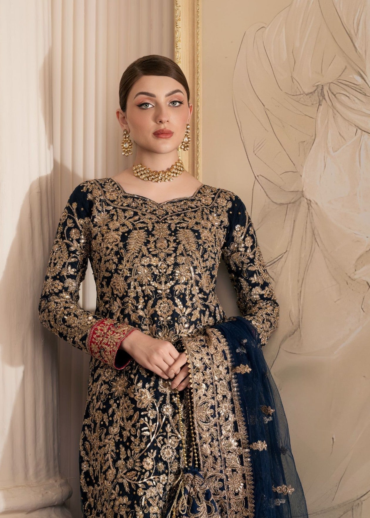 net Kurta Set in Navy blue