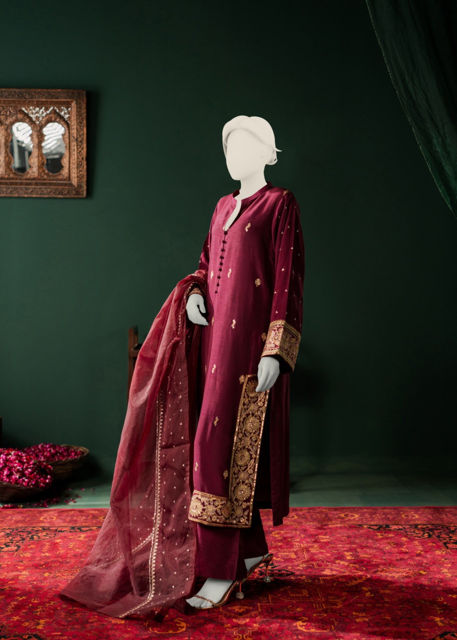 korean raw silk Kurta Set in Burgundy