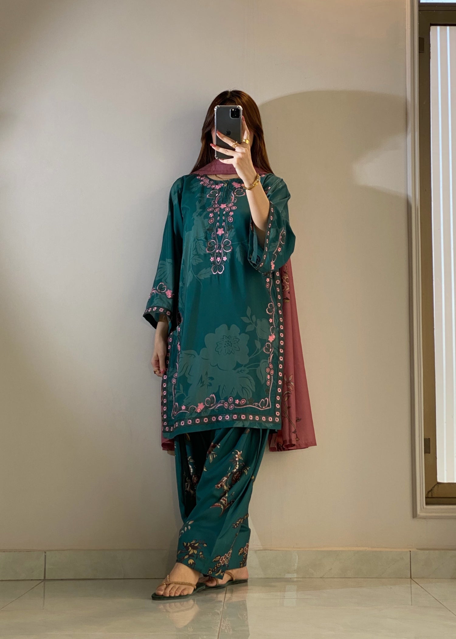 poly lawn Kurta Set in Bottle green