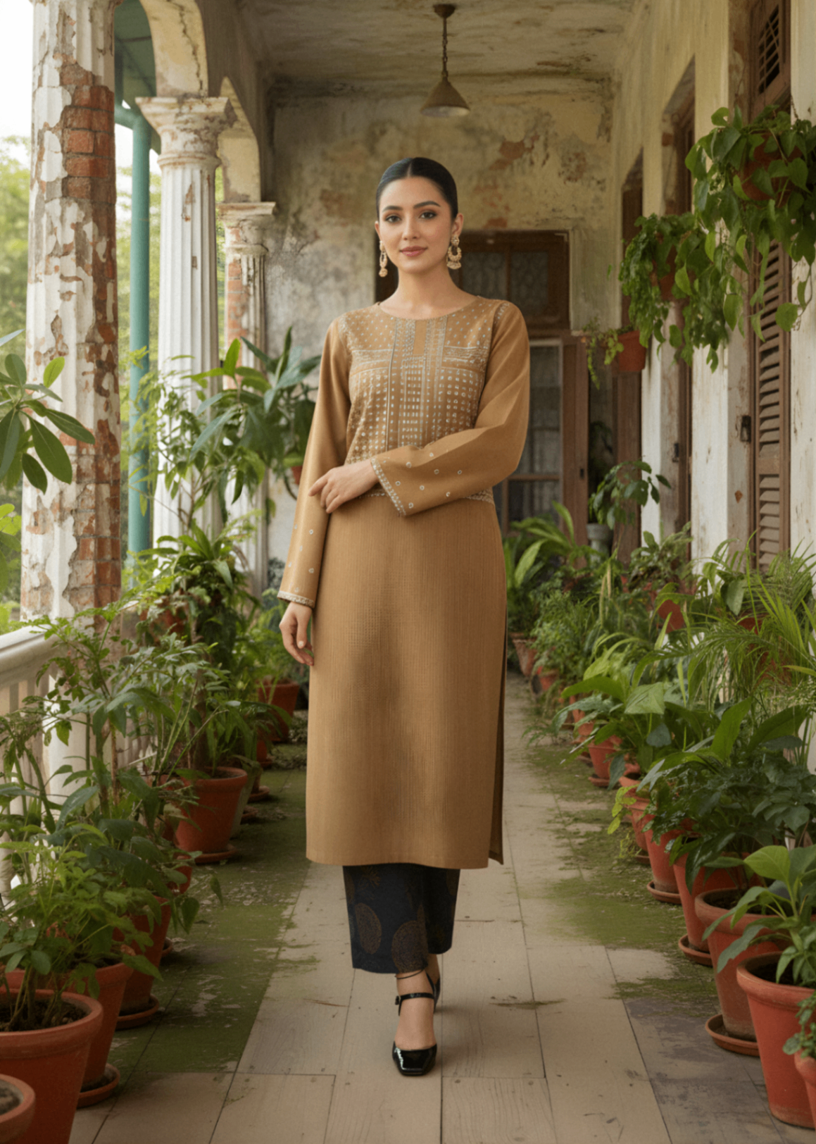 khaddar Kurta Set in Charcoal black, camel brown