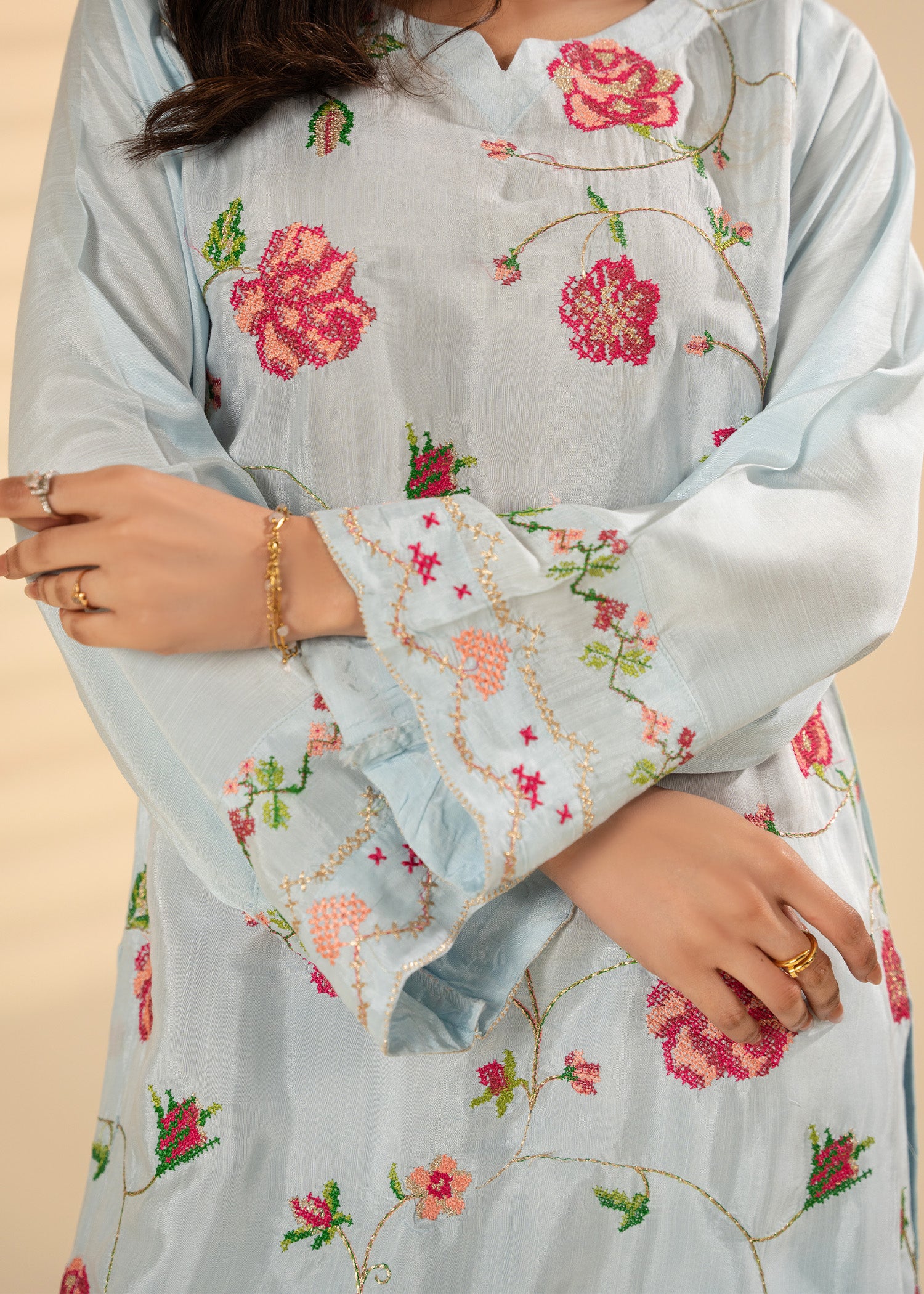 viscose raw silk Kurta Set in Ice blue