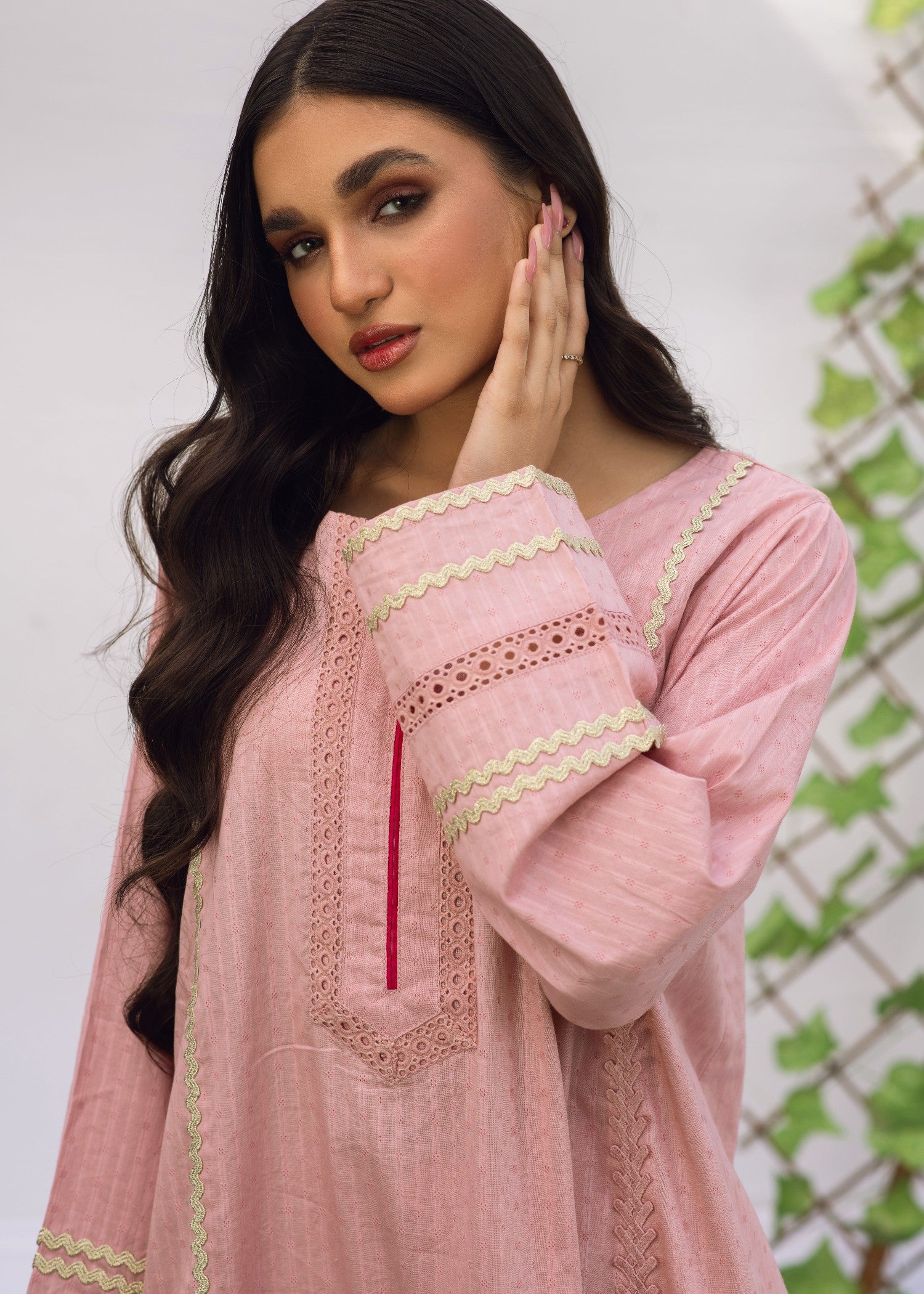 textured lawn Kurti in Tea rose pink