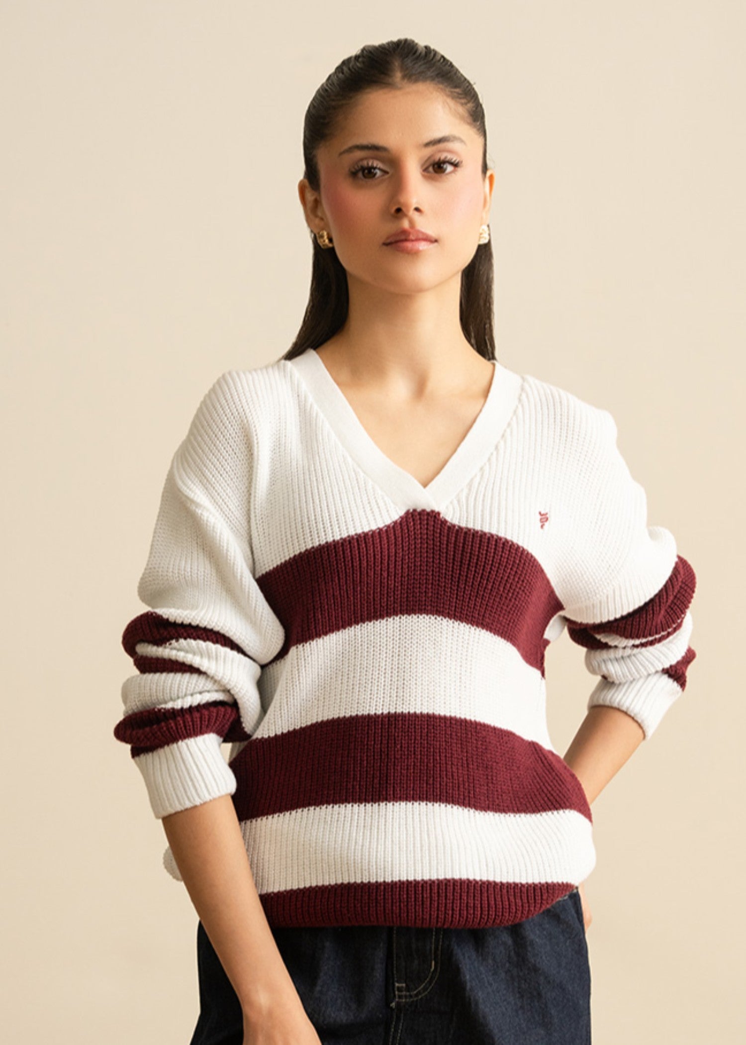 cotton Sweater in Maroon, white