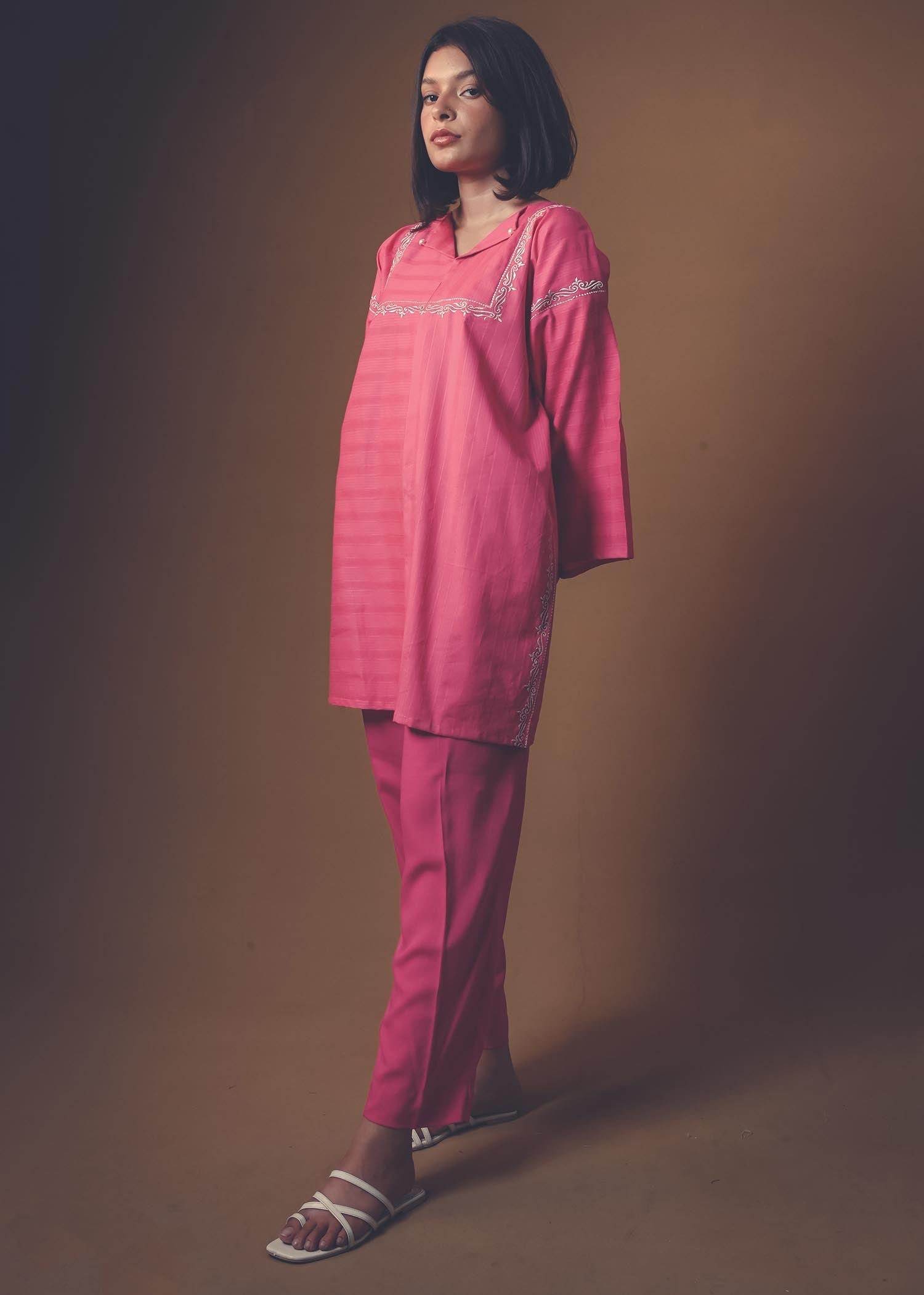 cotton dobby Kurta Set in Shocking pink