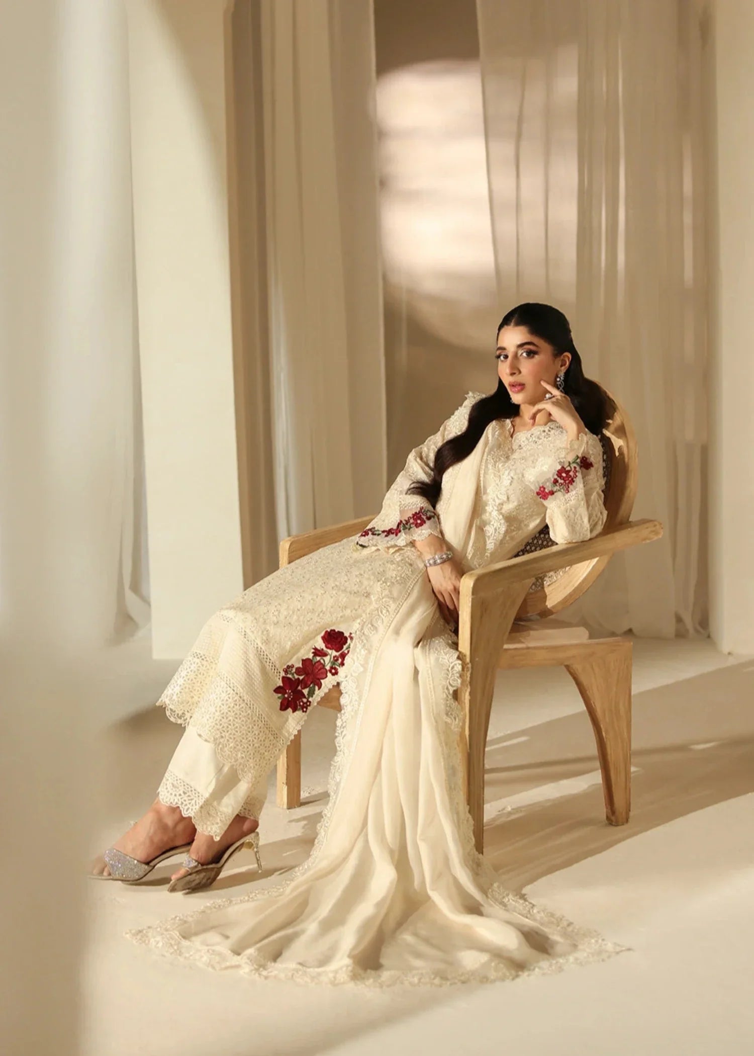 khaddi net Kurta Set in Ivory