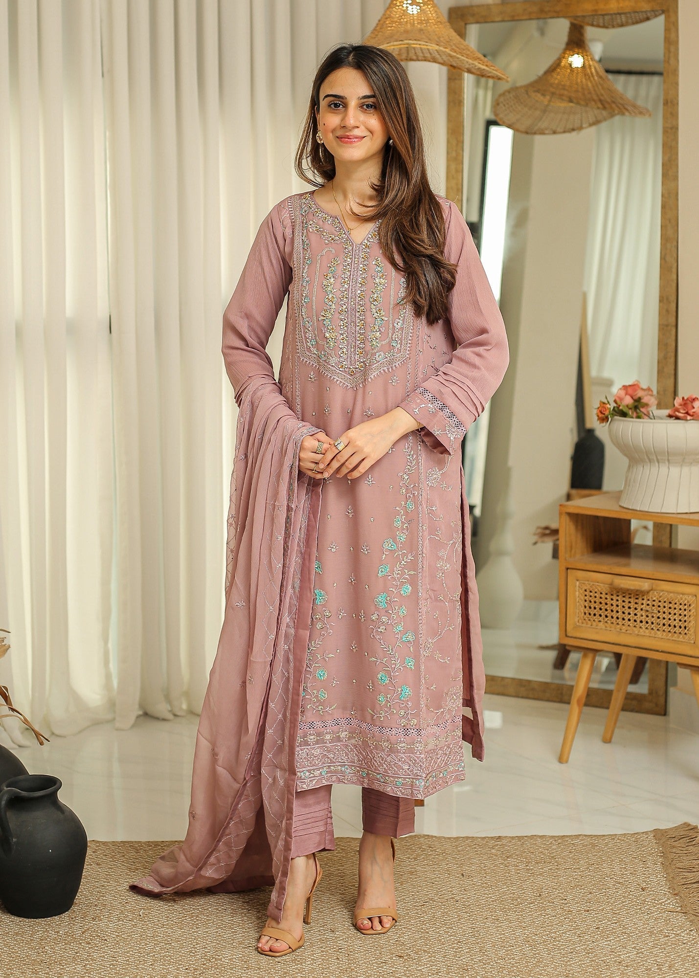 chiffon Co Ord Sets in Tea rose pink
