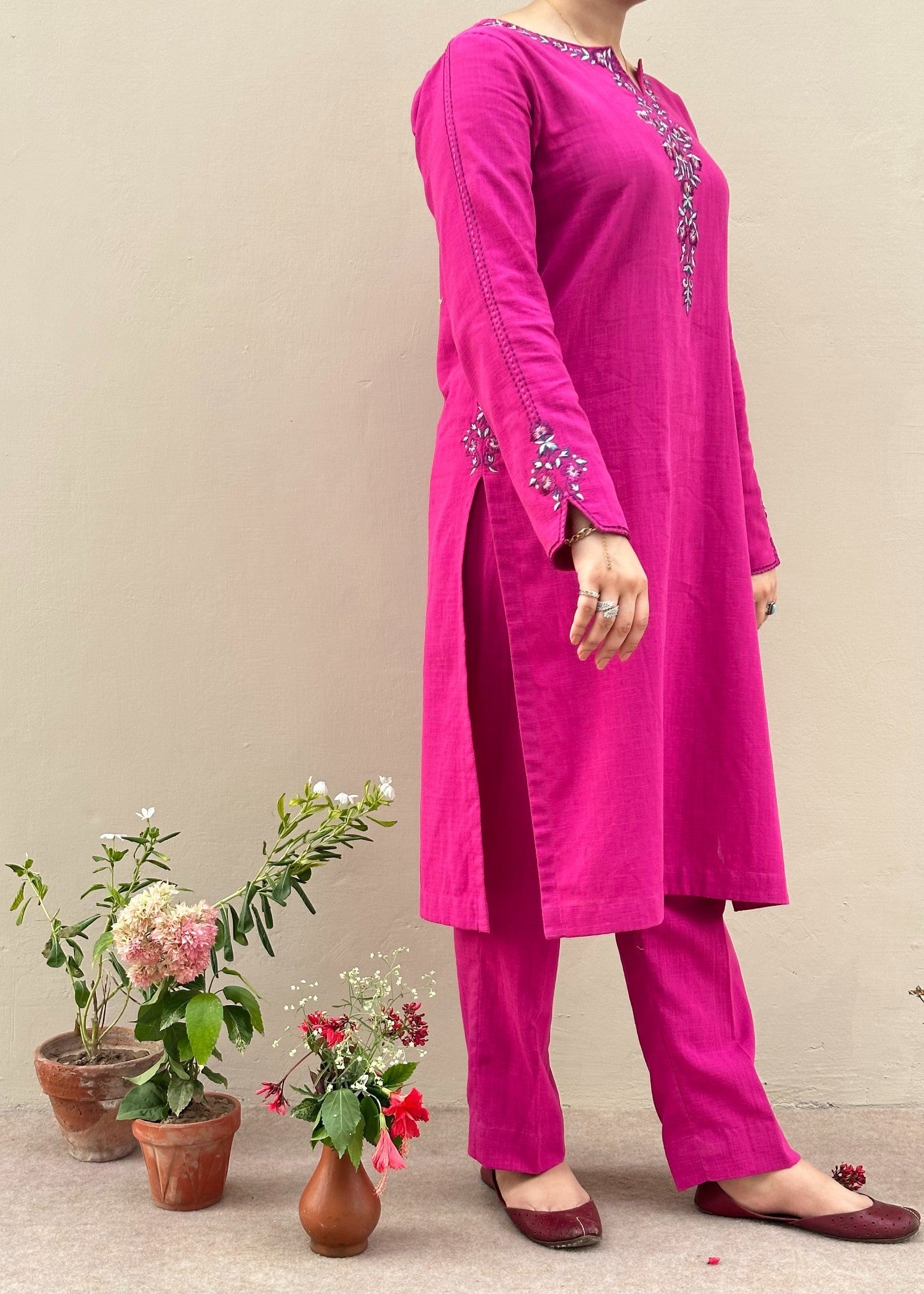 slub cambric Kurta Set in Magenta