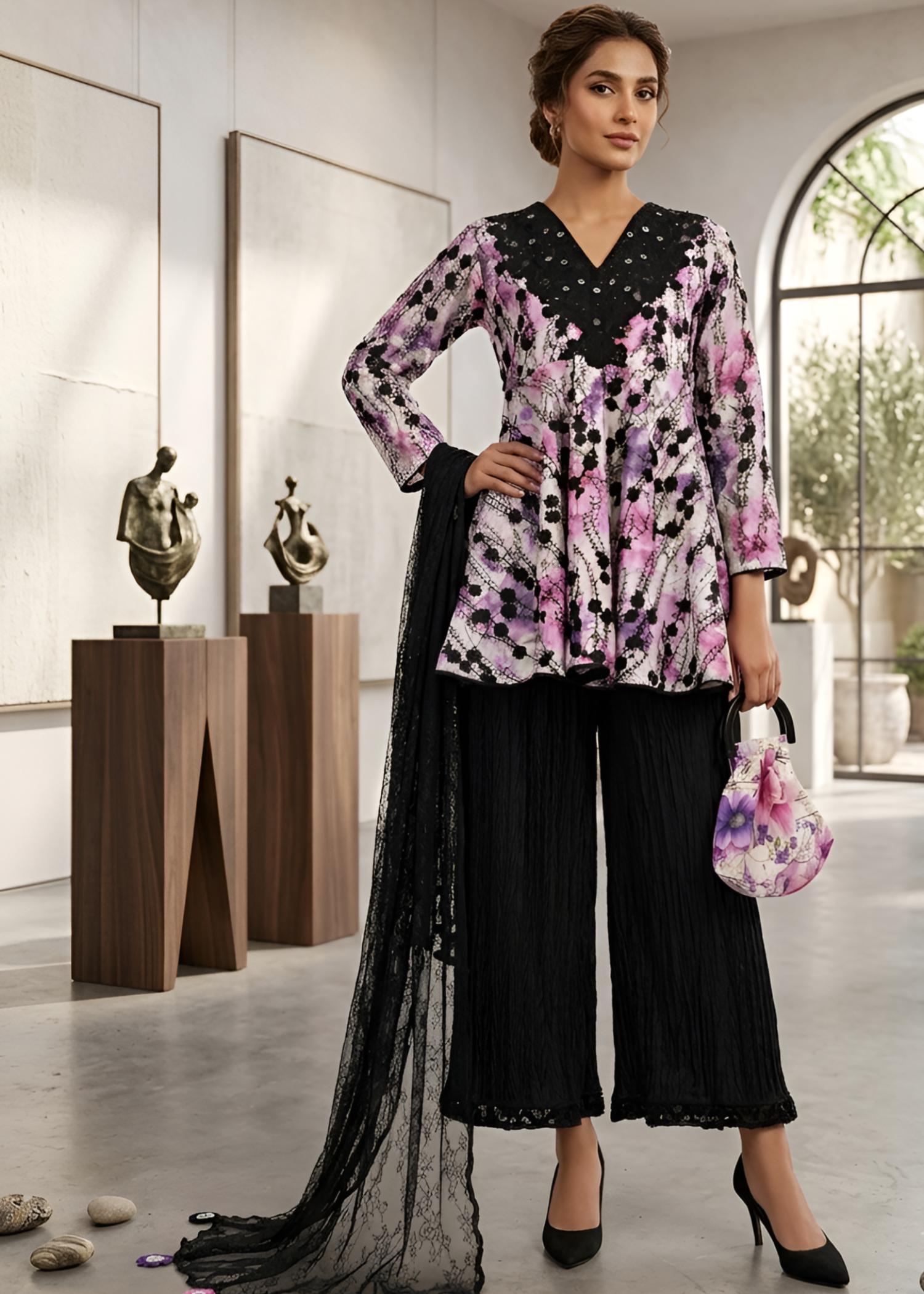 net Short Frock in Purple ash
