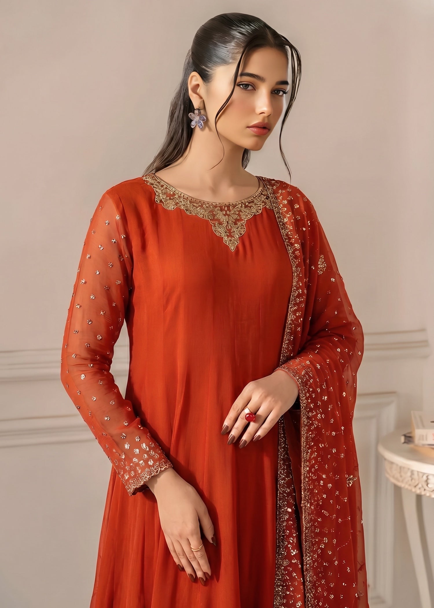 chiffon Pishwas in Rust orange