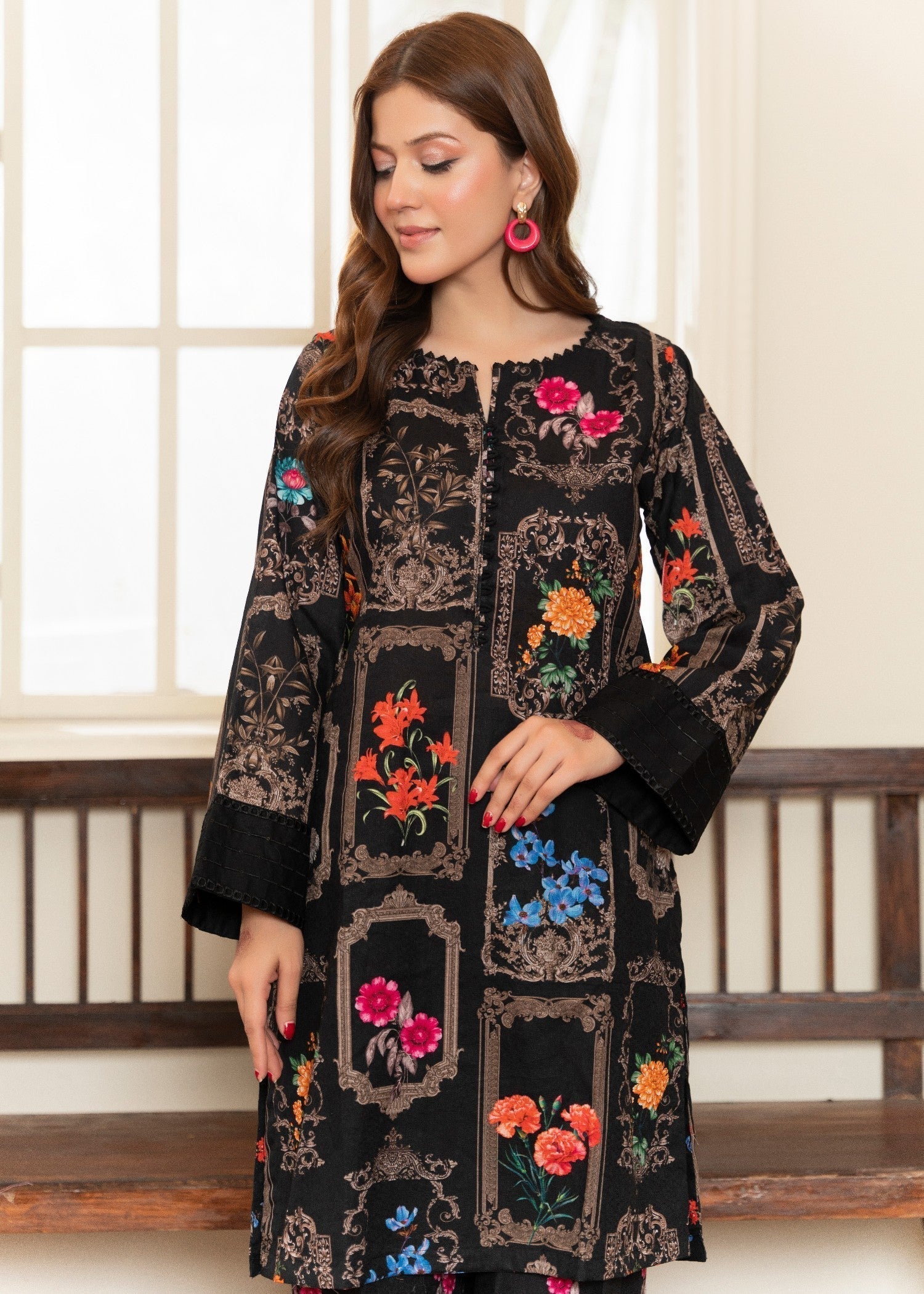 textured lawn Kurta Set in Black