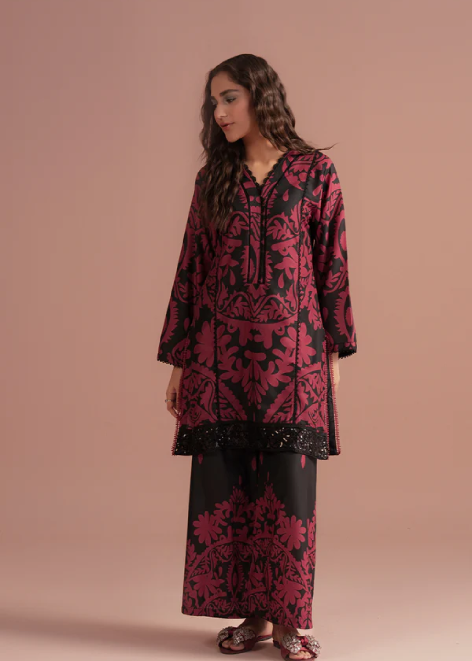 poly lawn Co Ord Sets in Black, blood red