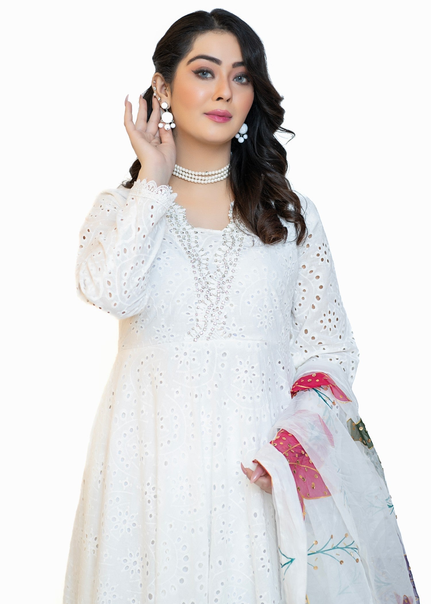 chikankari cotton Maxi in White