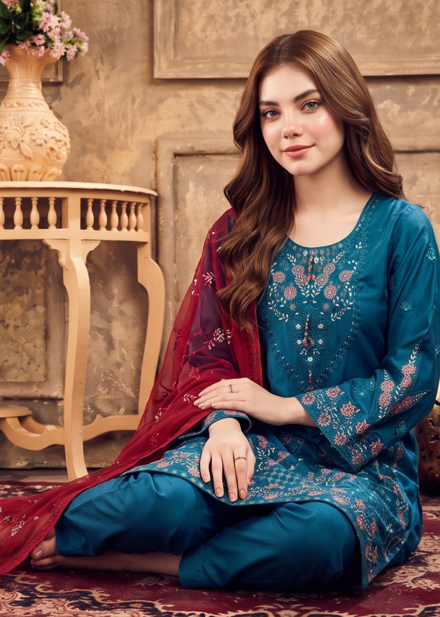silk Kurta Set in Teal