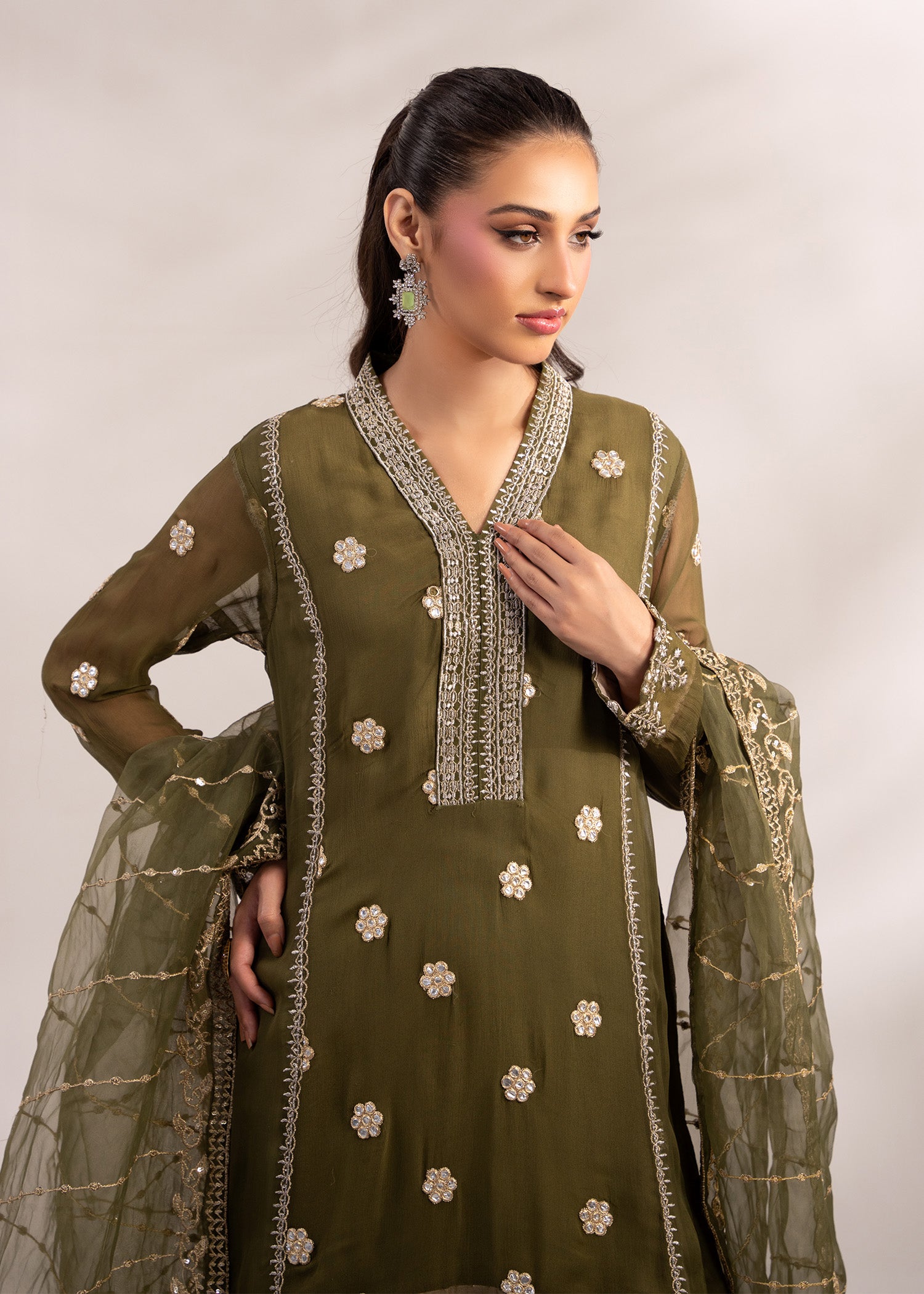 crinkle Gharara in Olive green