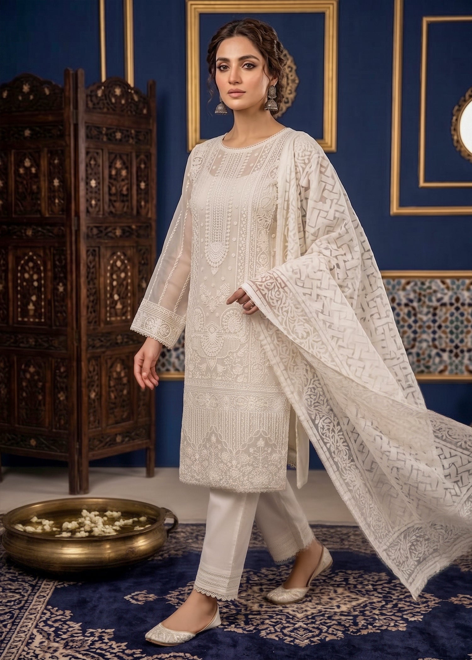 organza Kurta Set in White