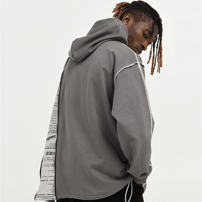 Asymmetrical Zipper Reverse Process Printing Loose Hooded Sweatshirt