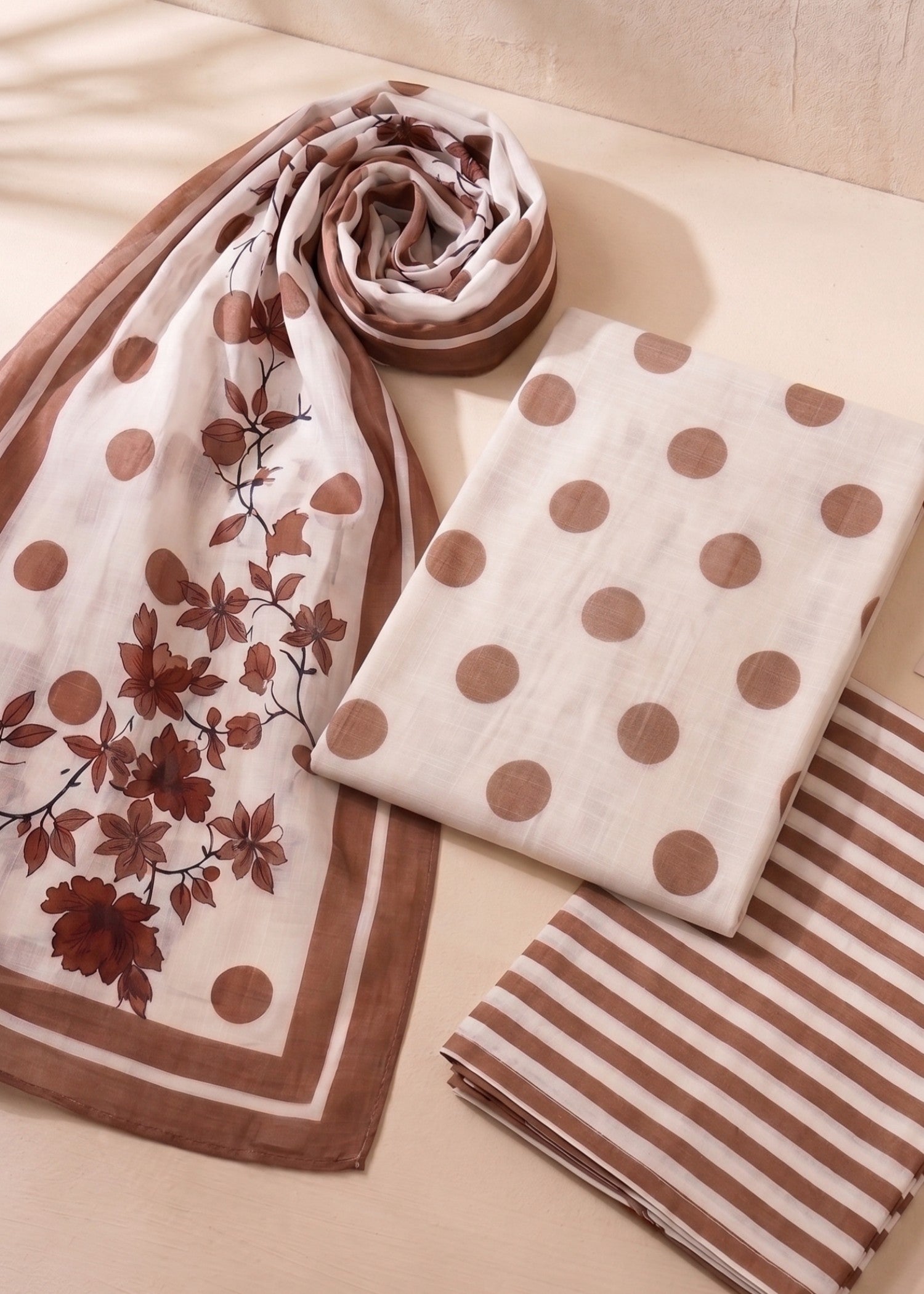 lawn Unstitched in Brown, off-white