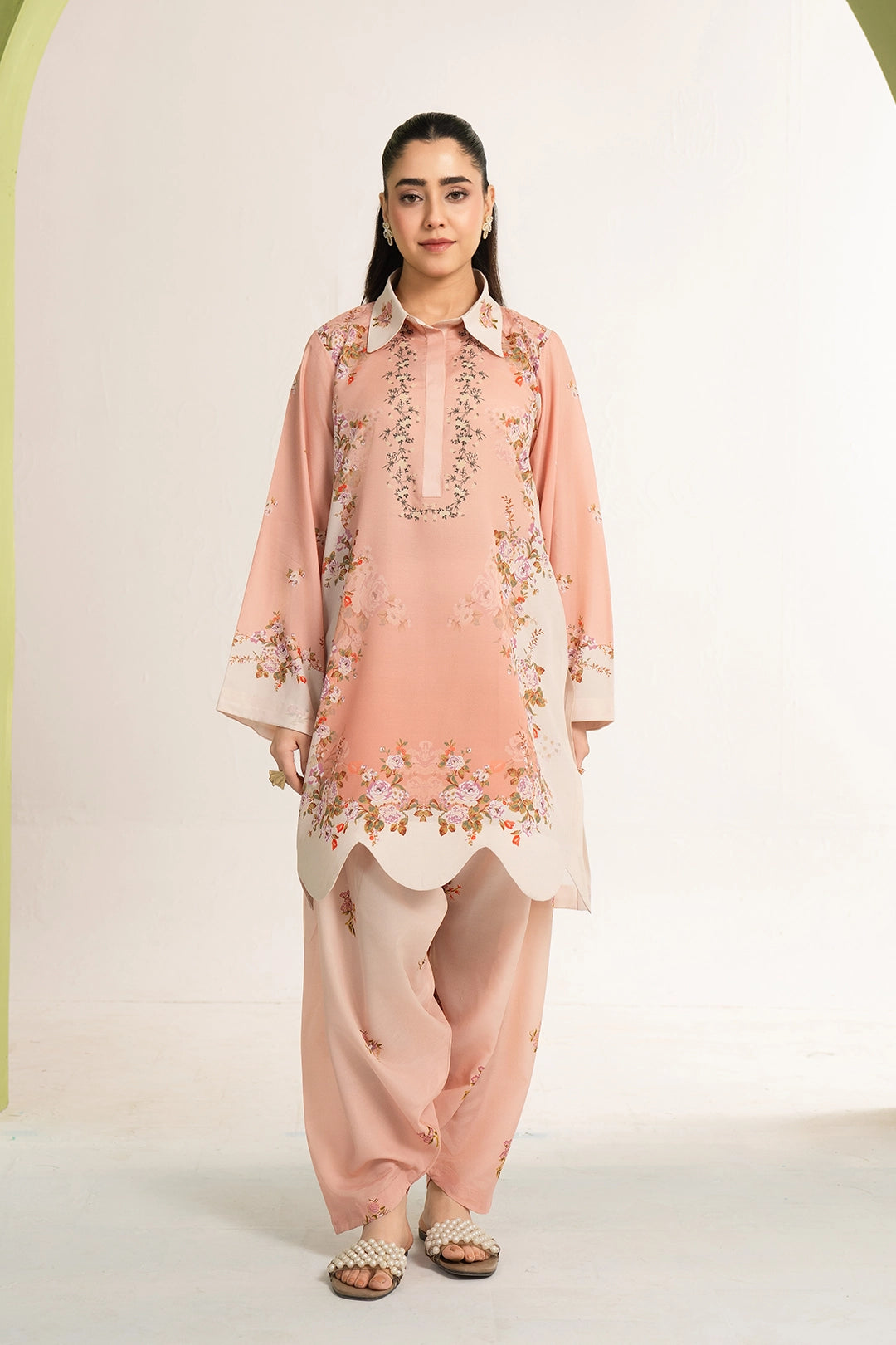 silk finish lawn Kurta Set in Peach pink
