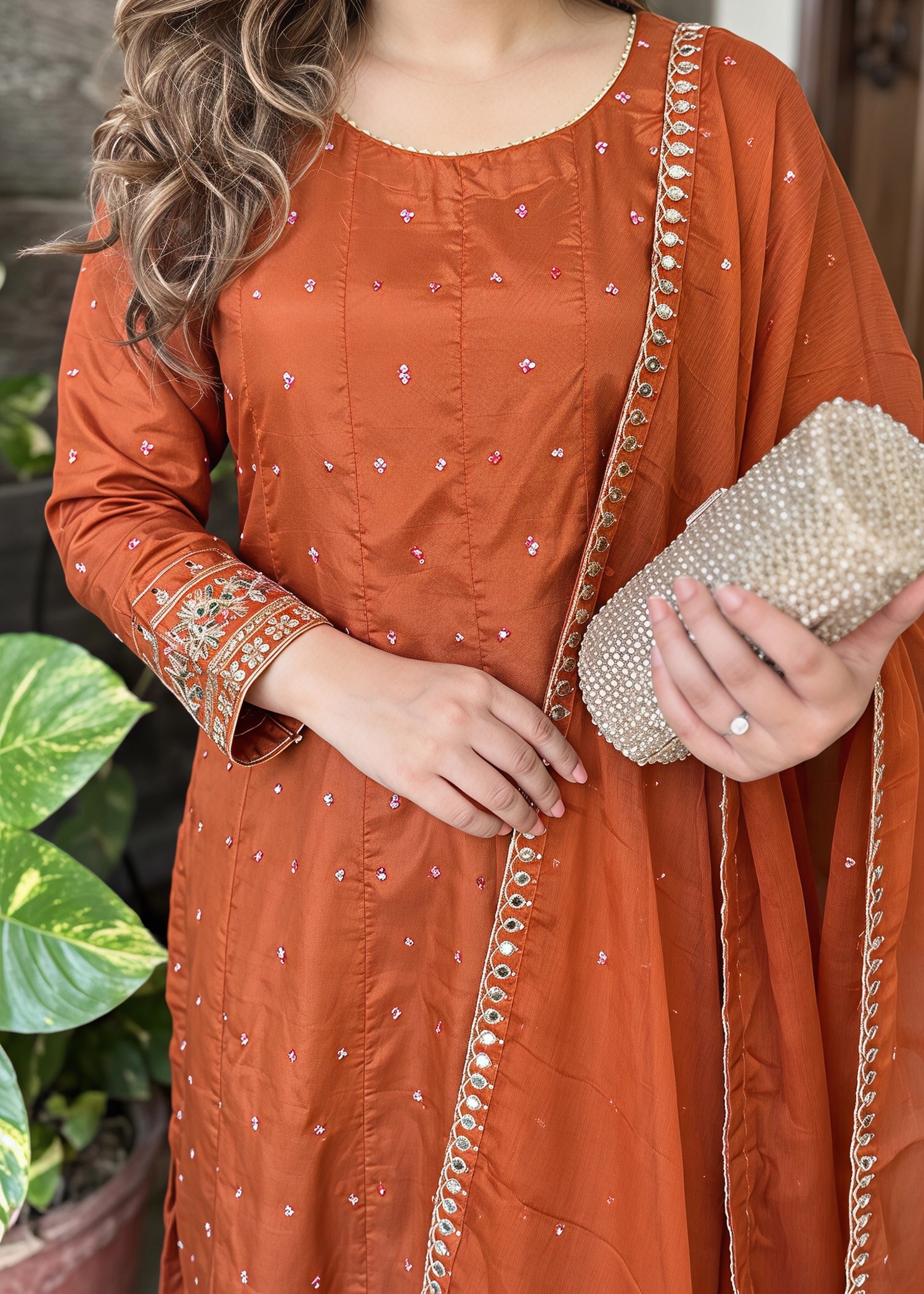silk Pishwas in Rust orange