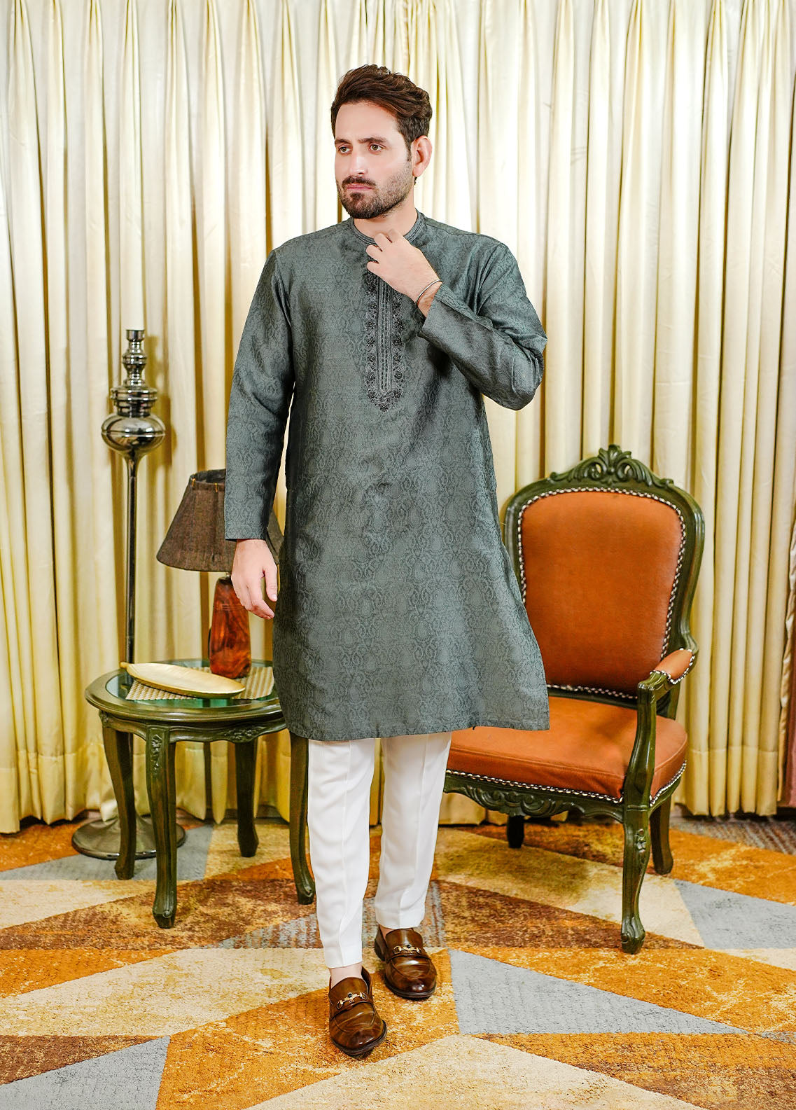 traditional jamawar Kurta in Iron grey