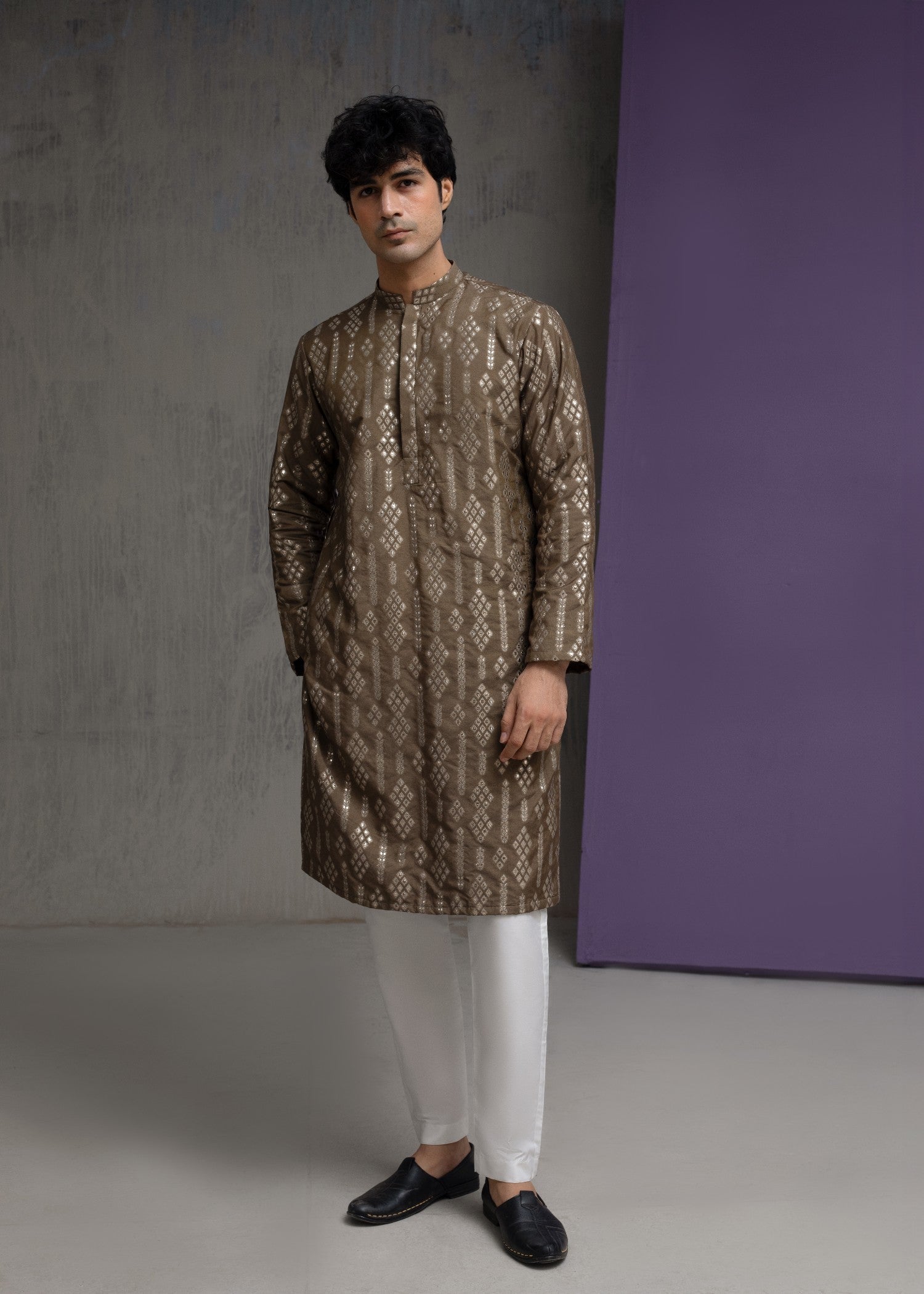cotton silk Kurta Set in Chocolate brown, gold by House Of Arsalan Iqbal