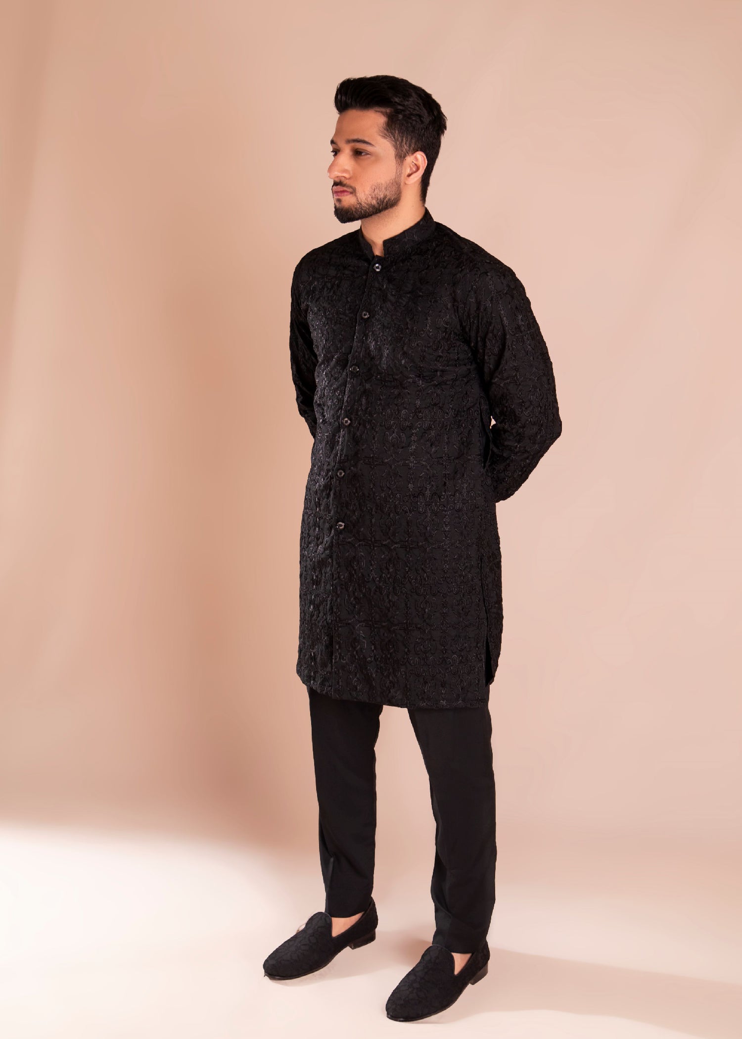 wash & wear Kurta Set in Black by Ahmad Raza