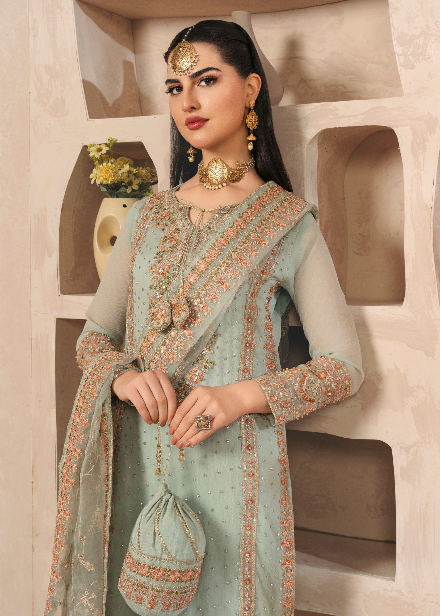 chiffon Kurta Set in Pastel green