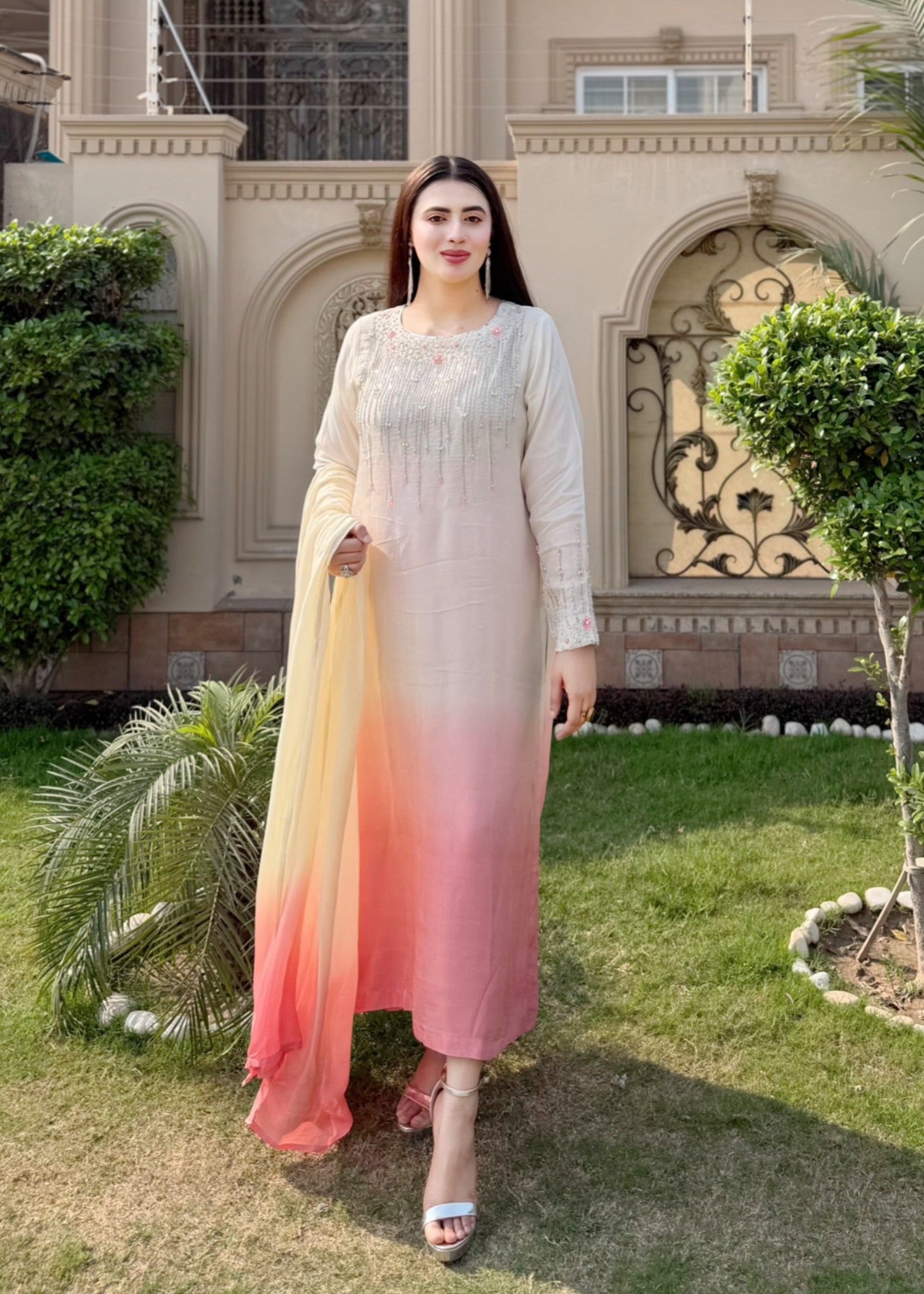 pk grip silk Kurta Set in Ivory, cherry blossom pink