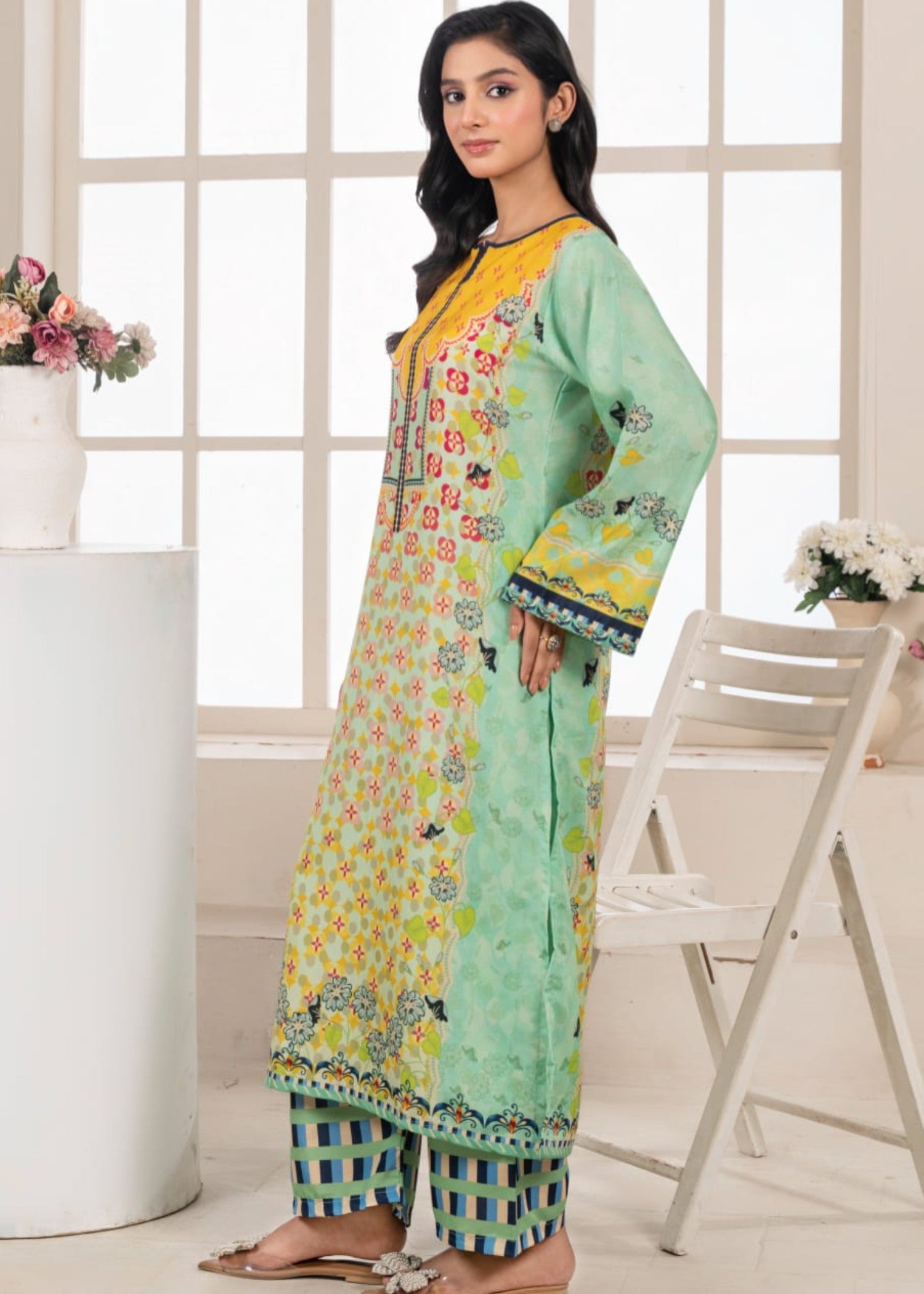 poly lawn Kurta Set in Pistachio green