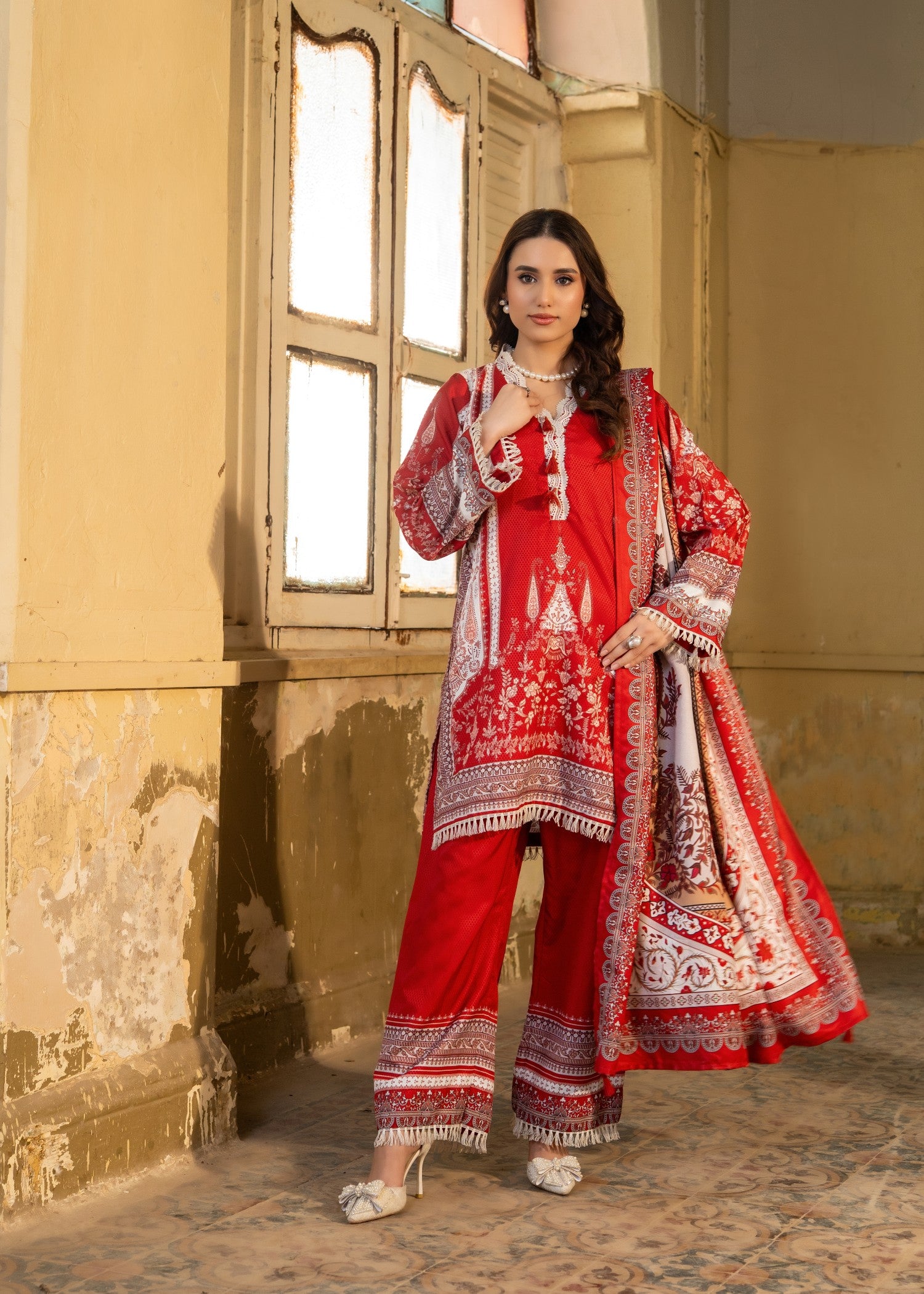 herringbone Kurta Set in Red