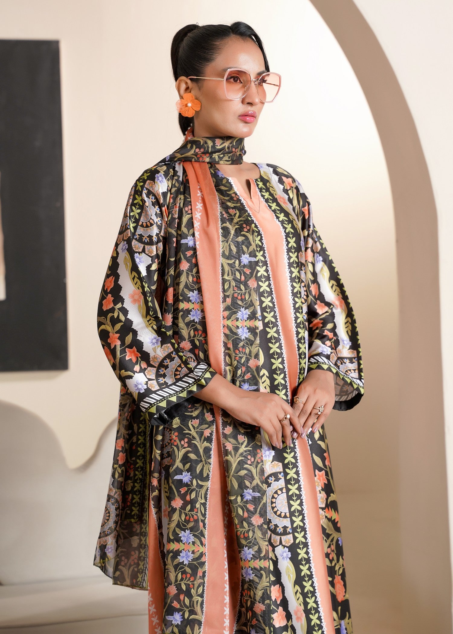 silk Kurta Set in Black, peach orange