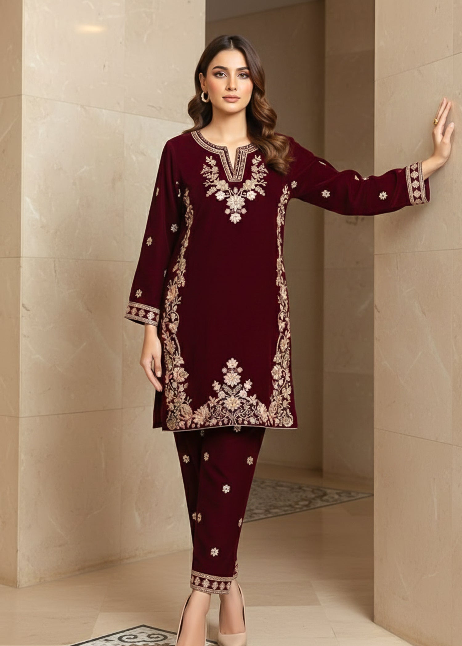 chinese micro velvet 9000 Kurta Set in Maroon