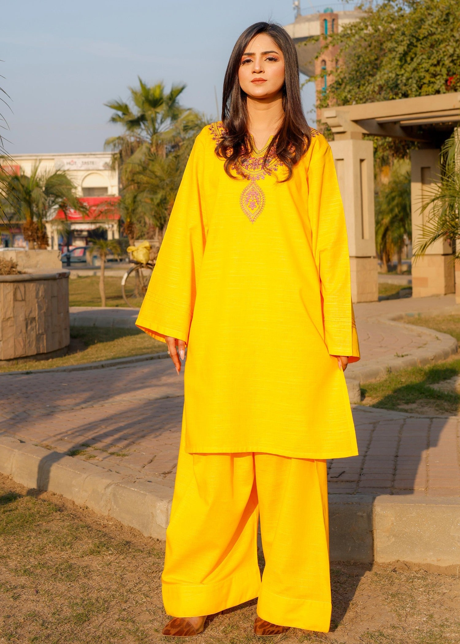 khaddar Kurta Set in Lemon