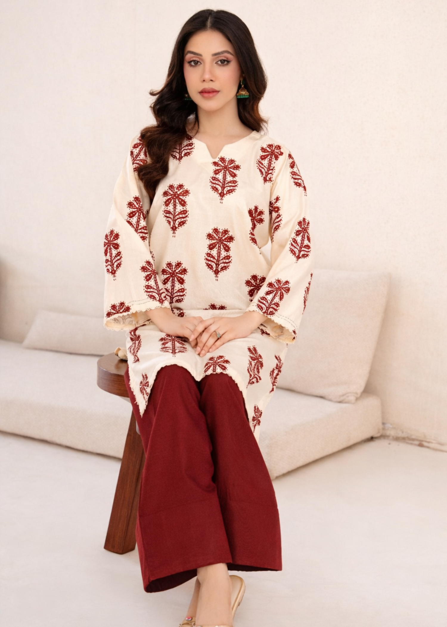 linen Kurta Set in Maroon, cream