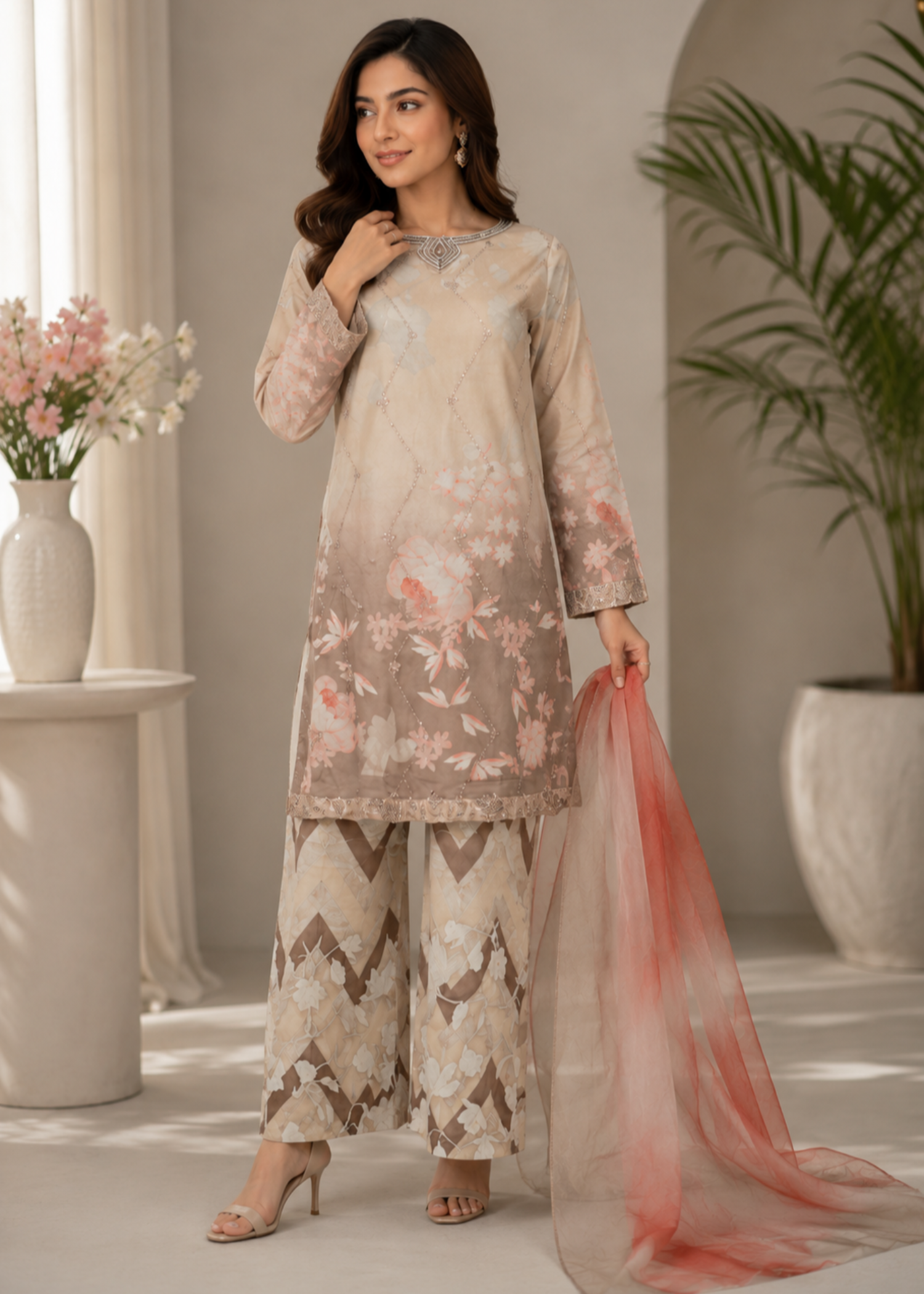 crepe Kurta Set in Tan brown