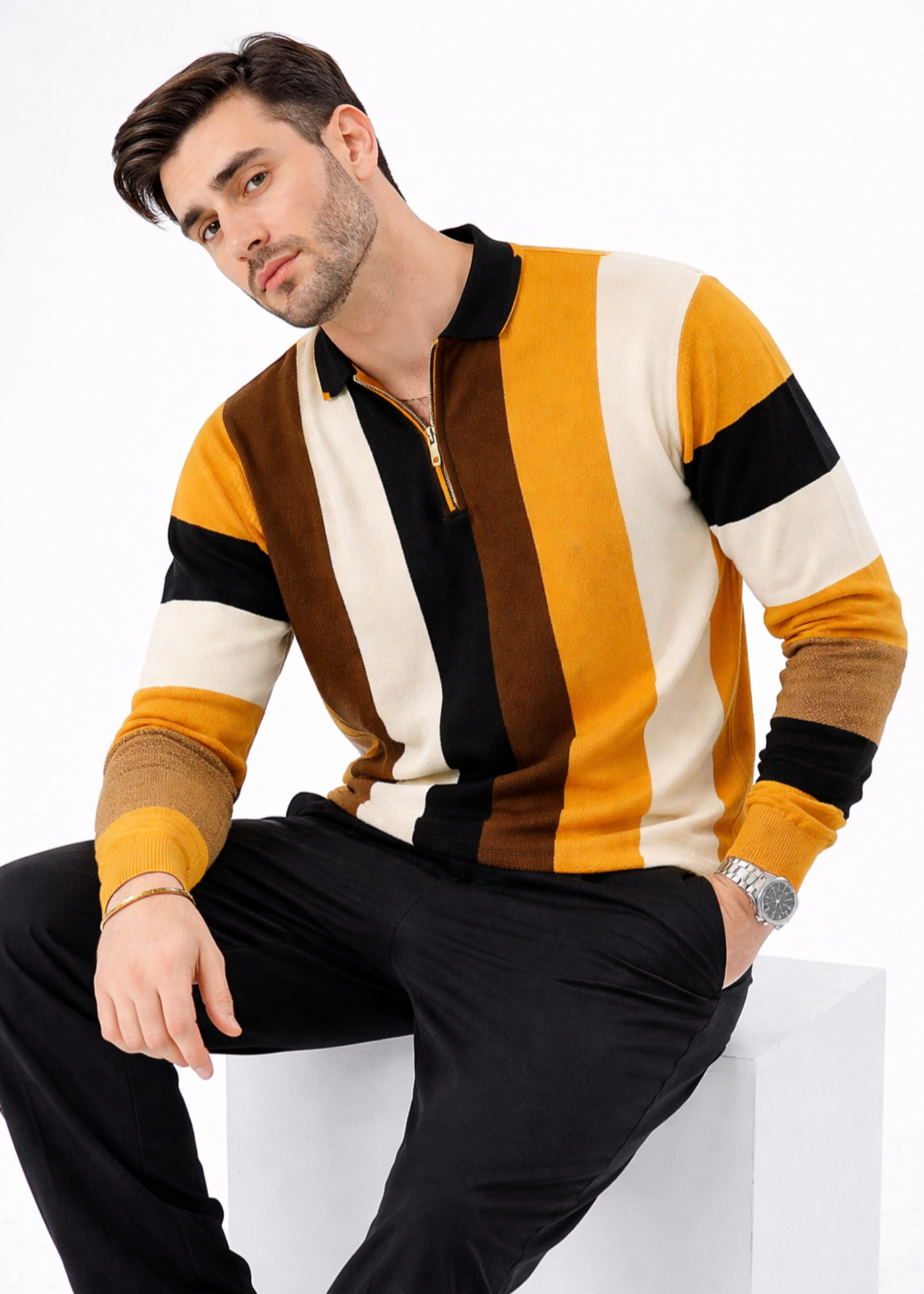 cotton Polo Shirt in Brown, mustard