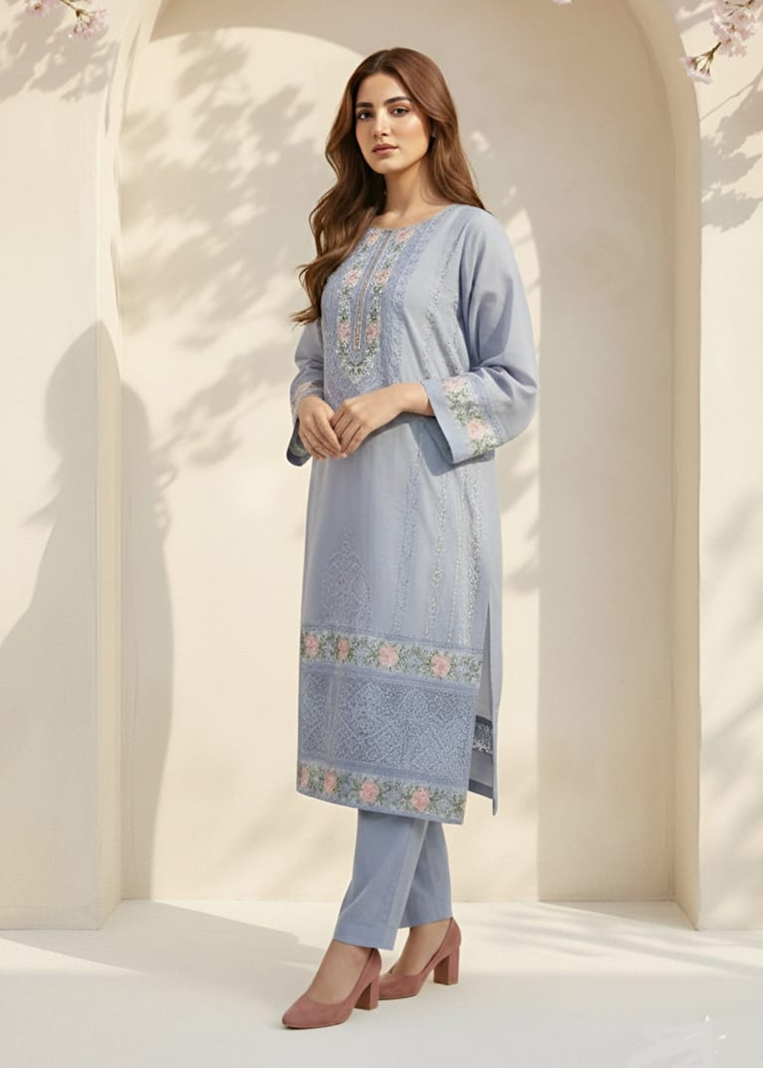 cotton net Kurta Set in Lavender grey