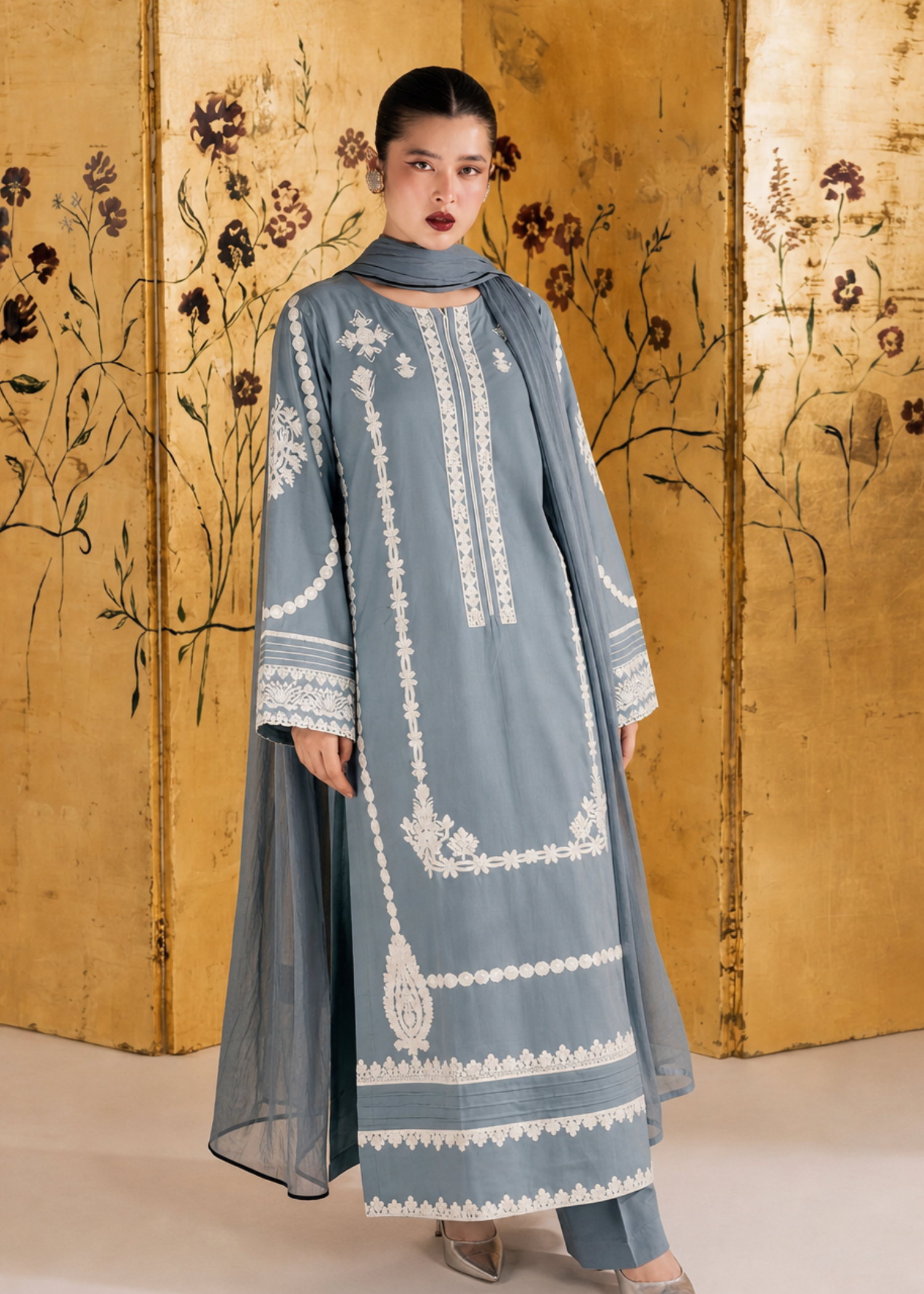 lawn Kurta Set in Slate blue