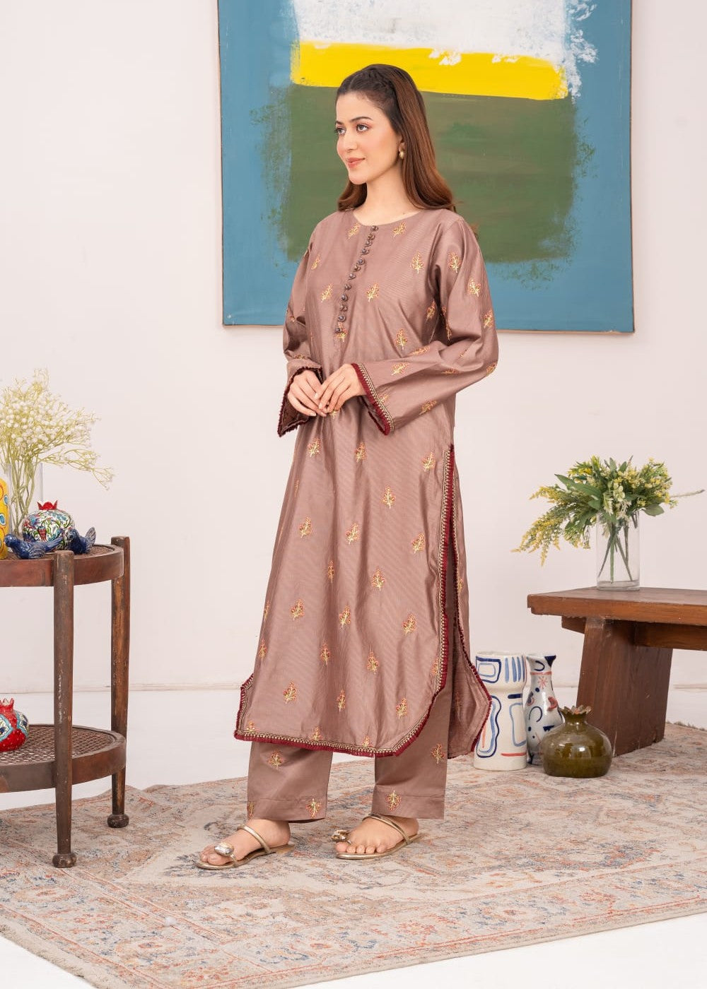 khaddi net Kurta Set in Coffee brown