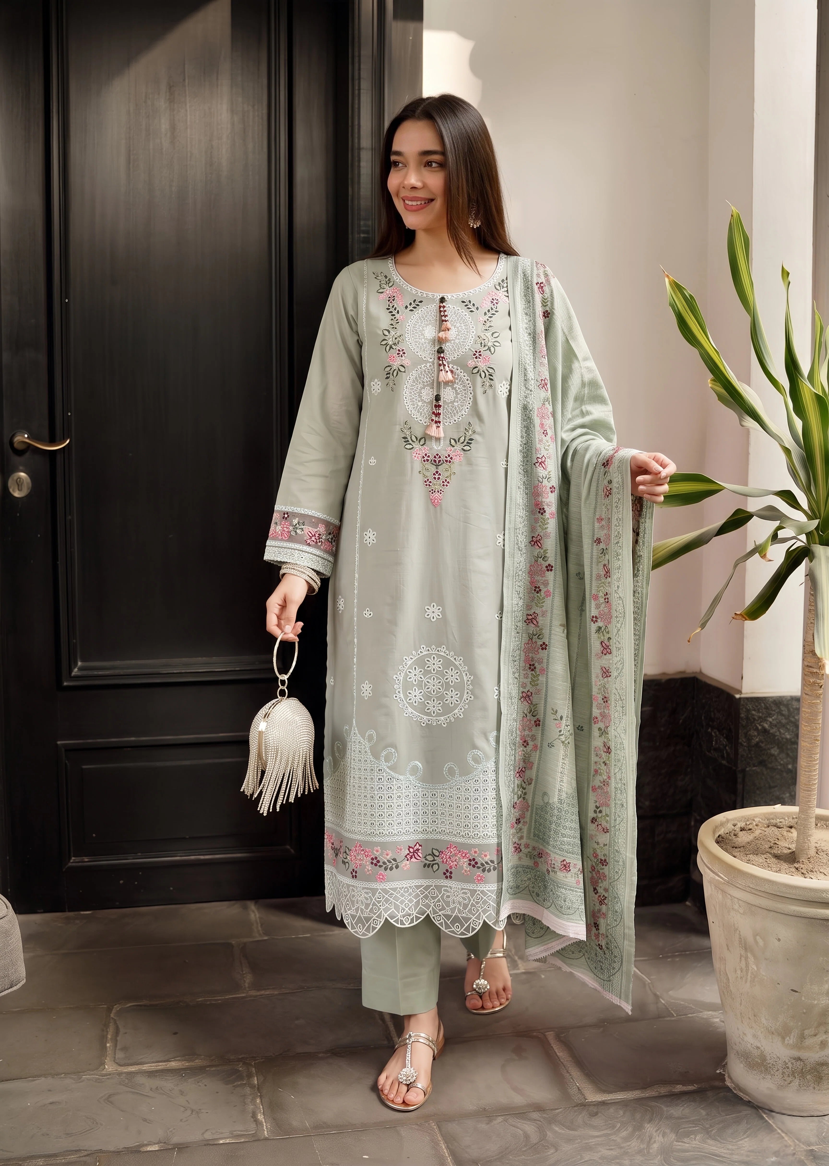 cotton linen Kurta Set in Ash grey