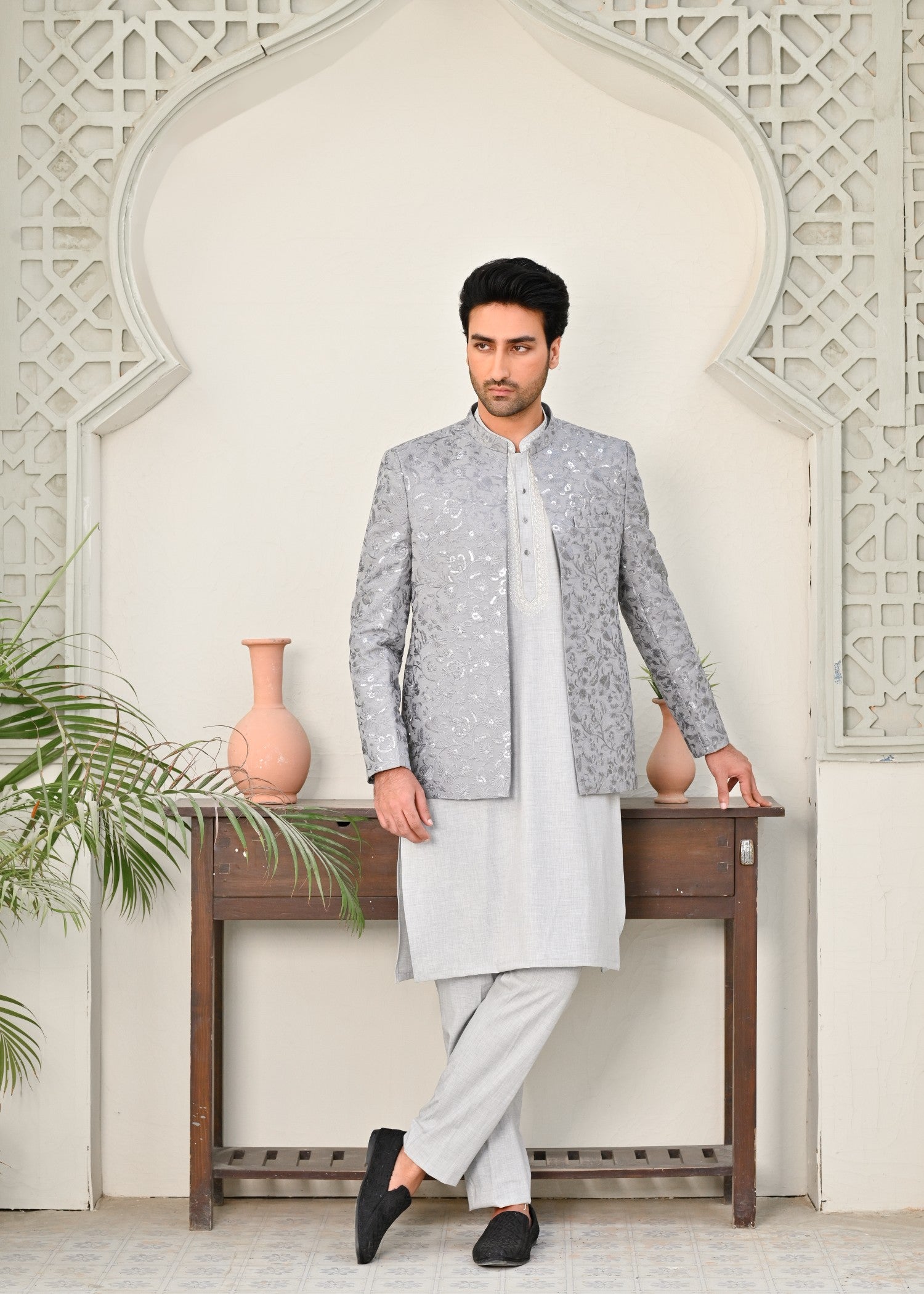raw silk Prince Coat in Grey