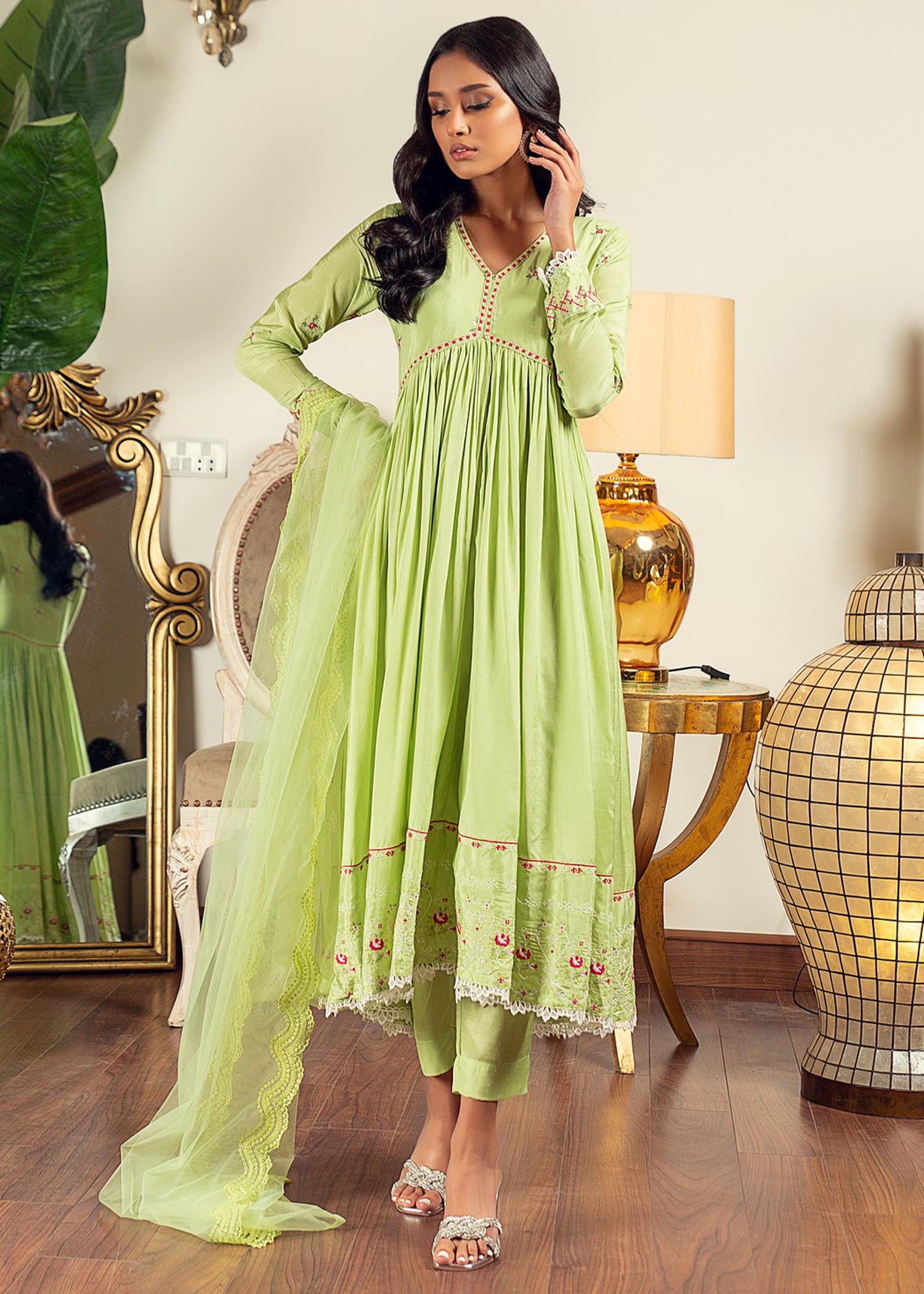 cotton silk Pishwas in Apple green