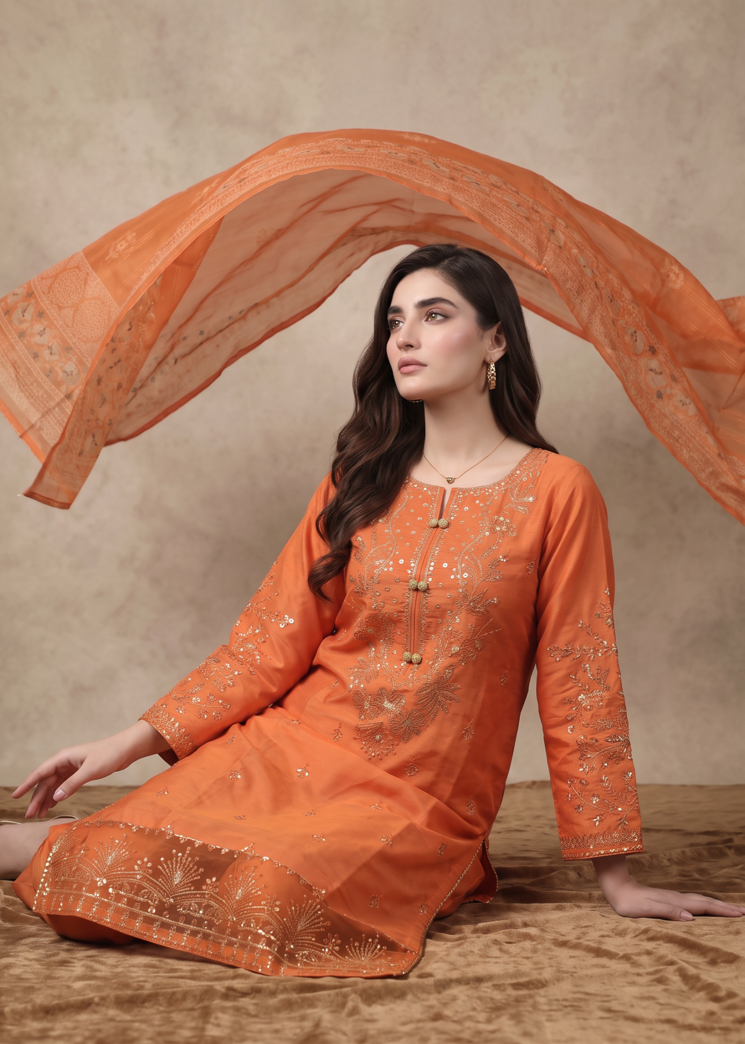 khaddi net Kurta Set in Coral pink