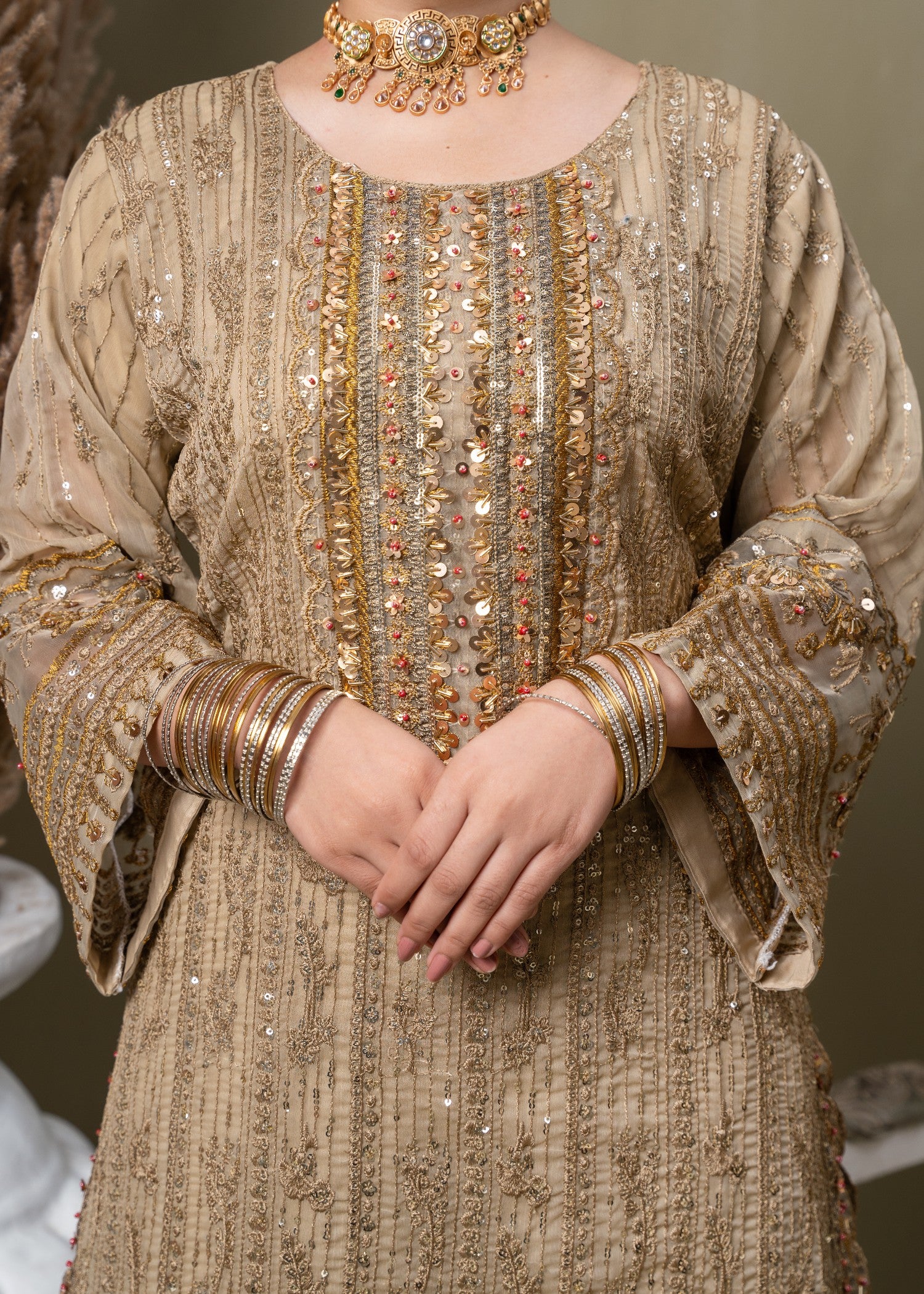 chiffon Kurta Set in Maroon, beige