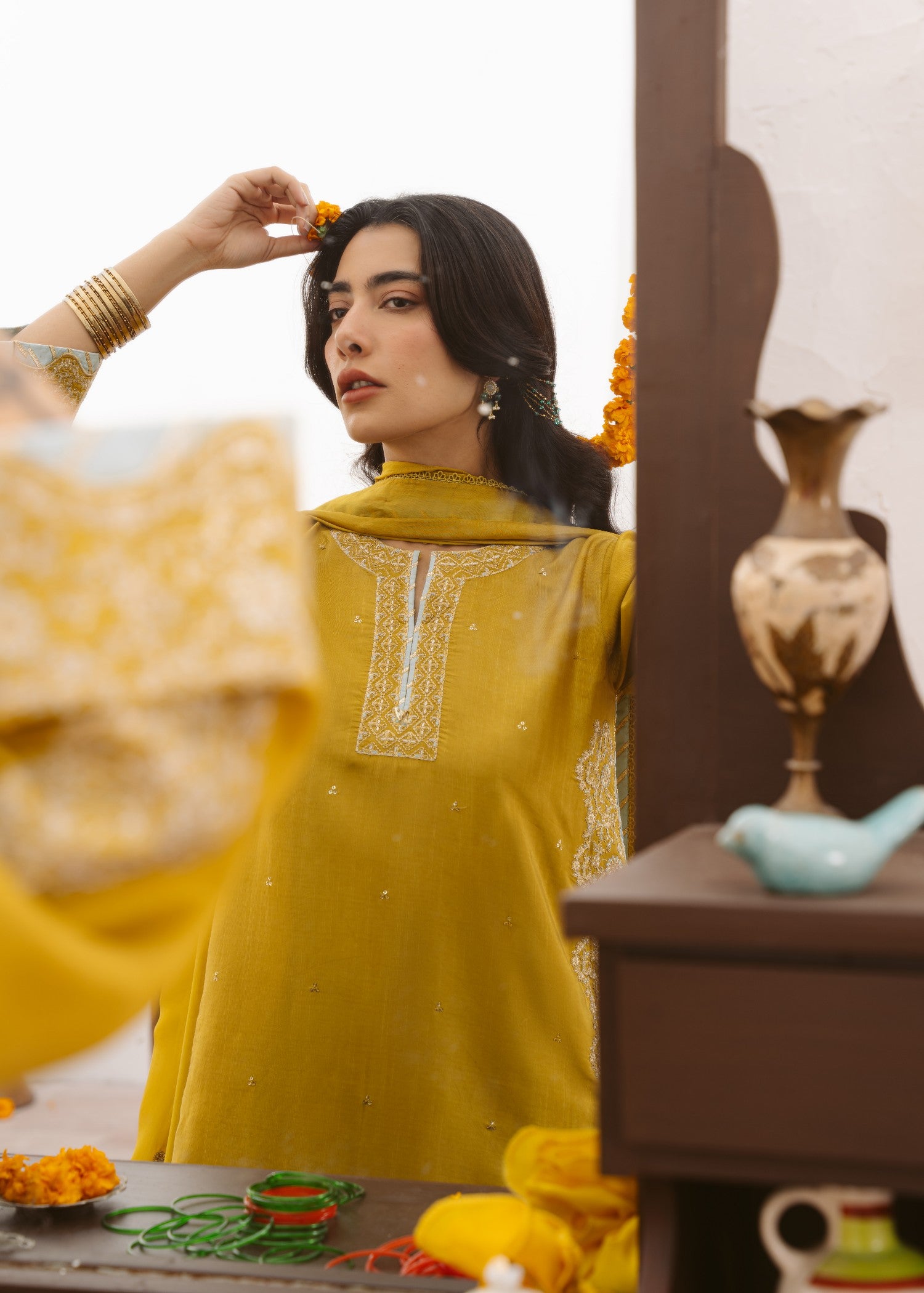 raw silk Kurta Set in Marigold