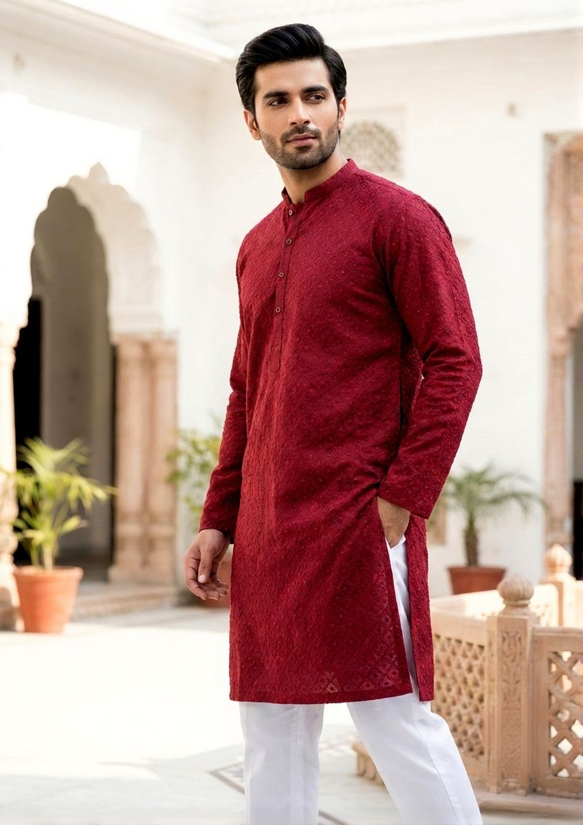 chikankari cotton Kurta in Maroon by Dulha Fashion House
