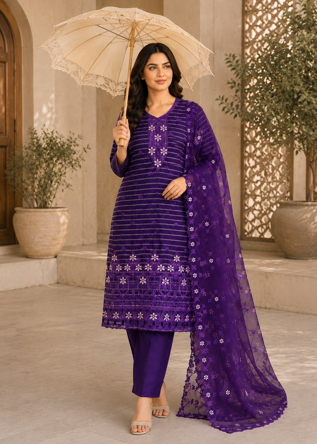 linen jacquard Kurta Set in Purple heart